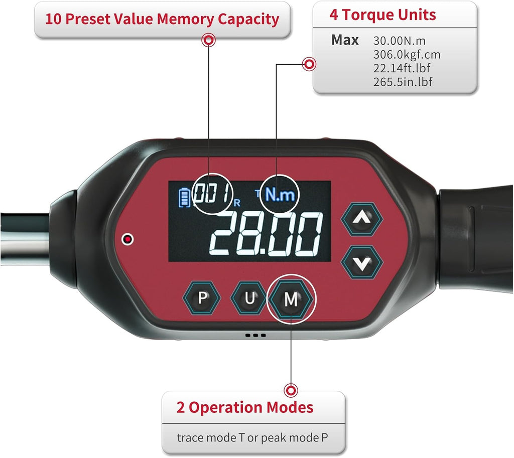 1/4' Digital Torque Wrench, for Bikes -30Nm 22.14 Ft-lbs - Calibrated with Buzzer & LED Upgraded Easy to Use in Dark