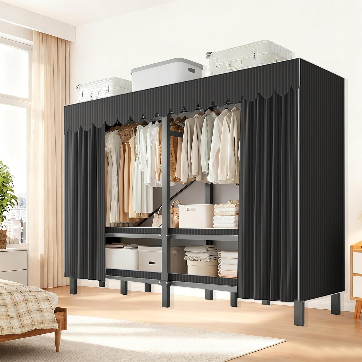 Foldable Portable Closet Wardrobe on Wheel Heavy Duty Metal Clothing Rack with Cover Freestanding Armoire Storage System Rolling Garment Racks for Hanging Clothes (D,Black Cover, 125cm/49.2in)