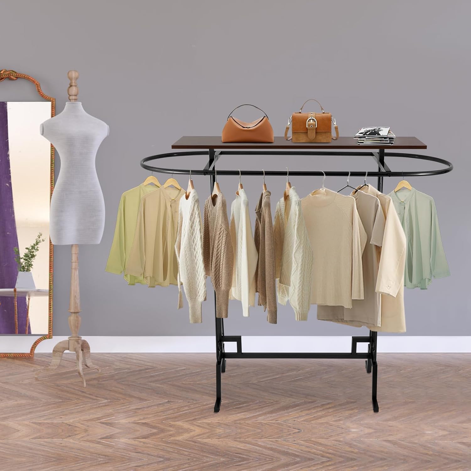 59x55x19.6in Clothing Display Stand, Floorstanding Retail Ellipse Coat Rack, Commercial Clothes Hanging Rack with Top Panel, Metal Garment Rack for Shops, Boutiques Display (Black)