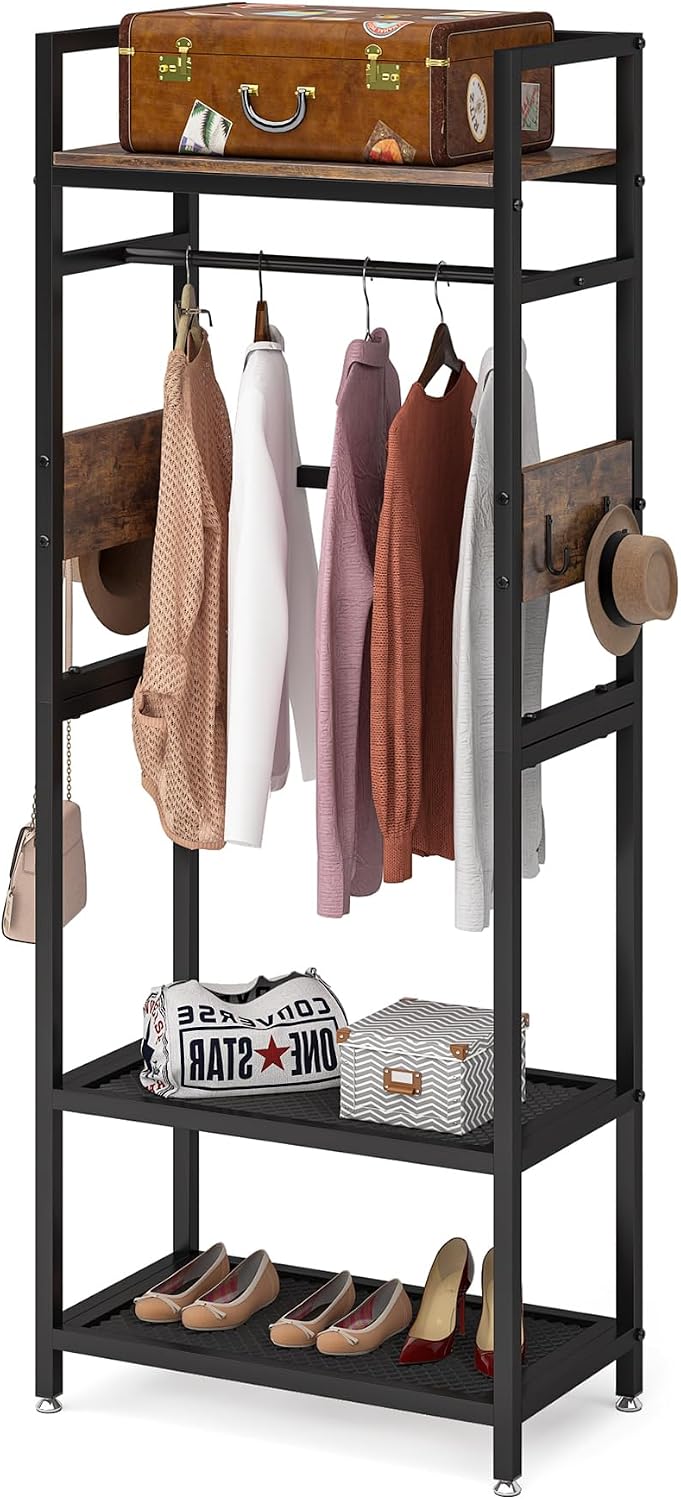 Tribesigns 69-inch Tall Narrow Clothes Garment Rack, Small Heavy Duty Closet Organizer with Shelves and Hooks, Freestanding Clothes Hanging Rack open wardrobe for Bedroom, Brown & Black