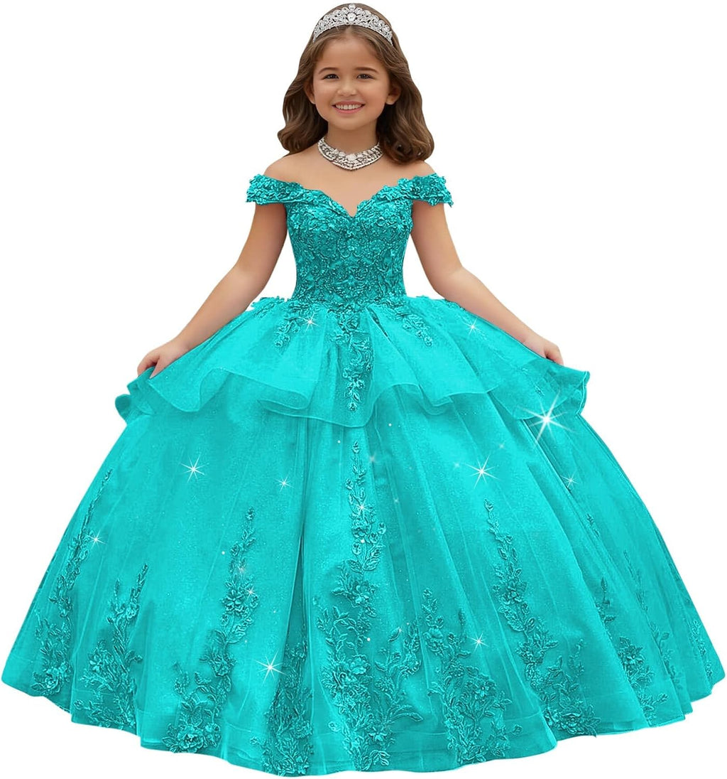 Crystal Lace Applique Flower Girl Dress Layered 3D Floral First Communion Dresses Off Shoulder Girls Pageant Dresses