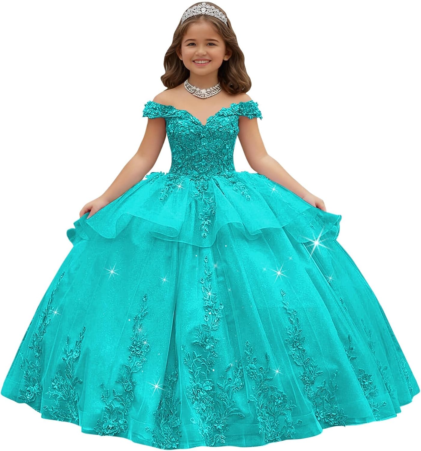 Crystal Lace Applique Flower Girl Dress Layered 3D Floral First Communion Dresses Off Shoulder Girls Pageant Dresses