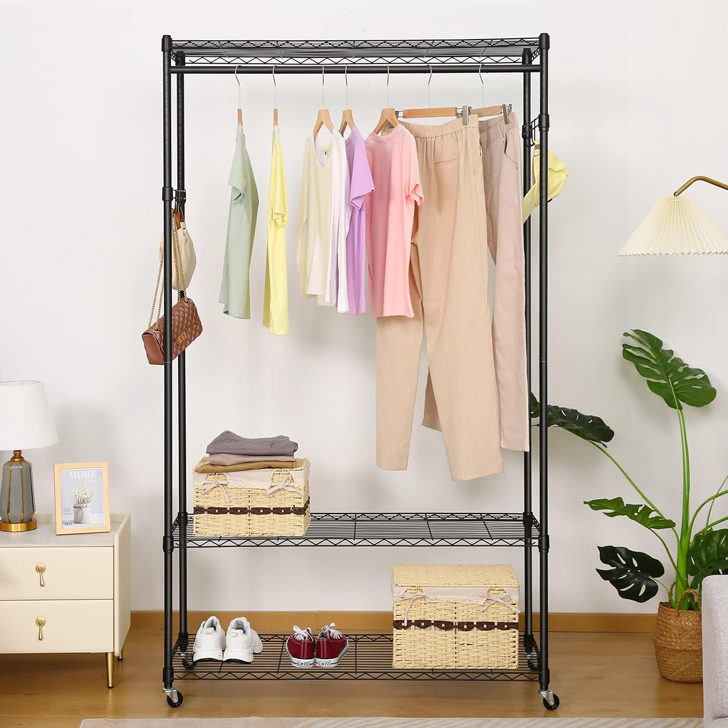 Homdox Garment Rack with 3 Tier Wire Adjustable Shelves, Rolling Clothes Rack Heavy Duty, 1 Hanging Rod, 2 Side Hooks, Black
