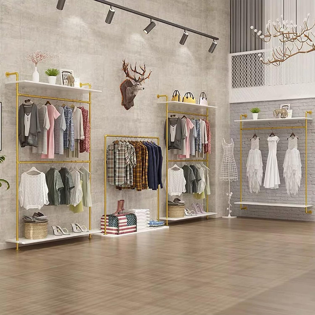 Modern Simple 2 Tier Industrial Pipe and Wood Garment Rack,Wall Mounted Double Hanging Rods Clothing Rack,Retail Display Storage Clothes Hanging Shelves (One Shelves,Gold, 47.2'L)