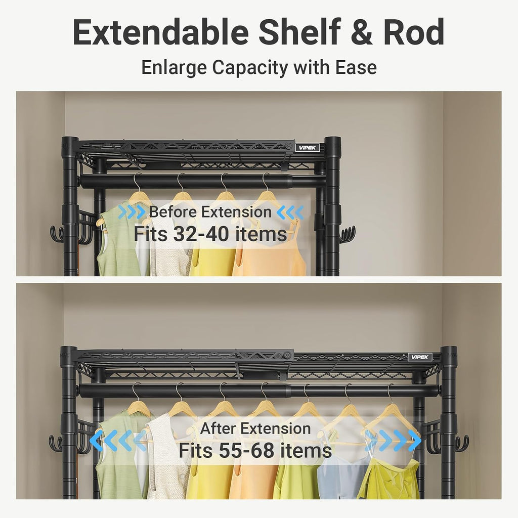 VIPEK R2X Expandable Portable Closet with Lockable Wheels, 600lbs Capacity Heavy Duty Rolling Clothes Rack w/Adjustable Shelves & Hanger Rod (2' to 3'5'), Metal Clothing Rack for Small Spaces (Black)