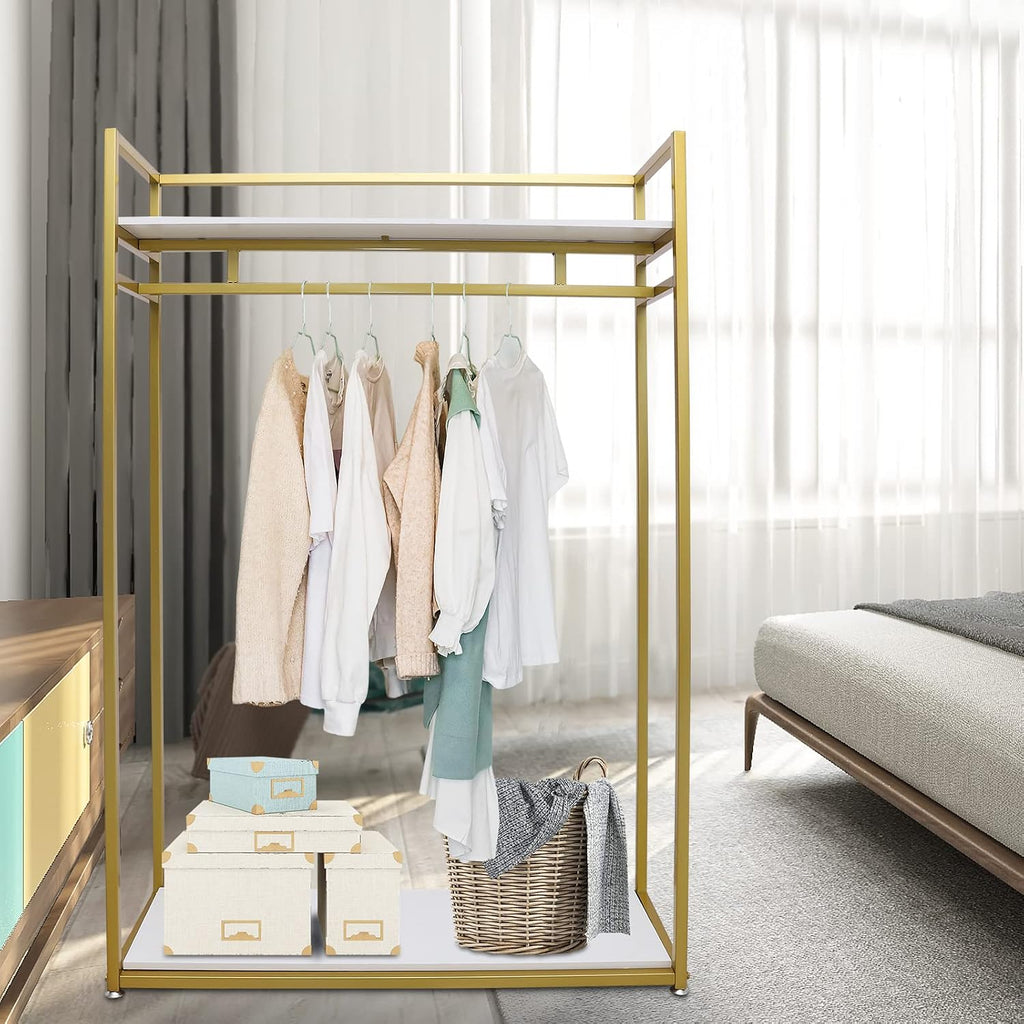 Clothes Rack, Freestanding Metal Garment Rack with Adjustable Foot Pads, Gold Clothes Clothing Display Stand Closet Organizer for Bedrooms Laundry Living Dance Rooms Clothing Retail Stores Etc