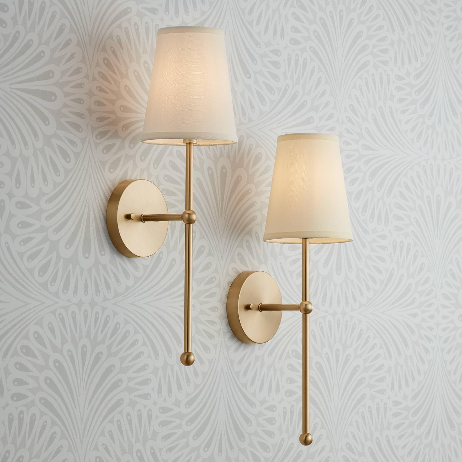 Possini Euro Design Elena Modern Wall Light Sconces Set of 2 Warm Brass Gold Metal Hardwired 6' Cream Linen Shade for Bedroom Bedside Living Room House Home Hallway Dining Kitchen