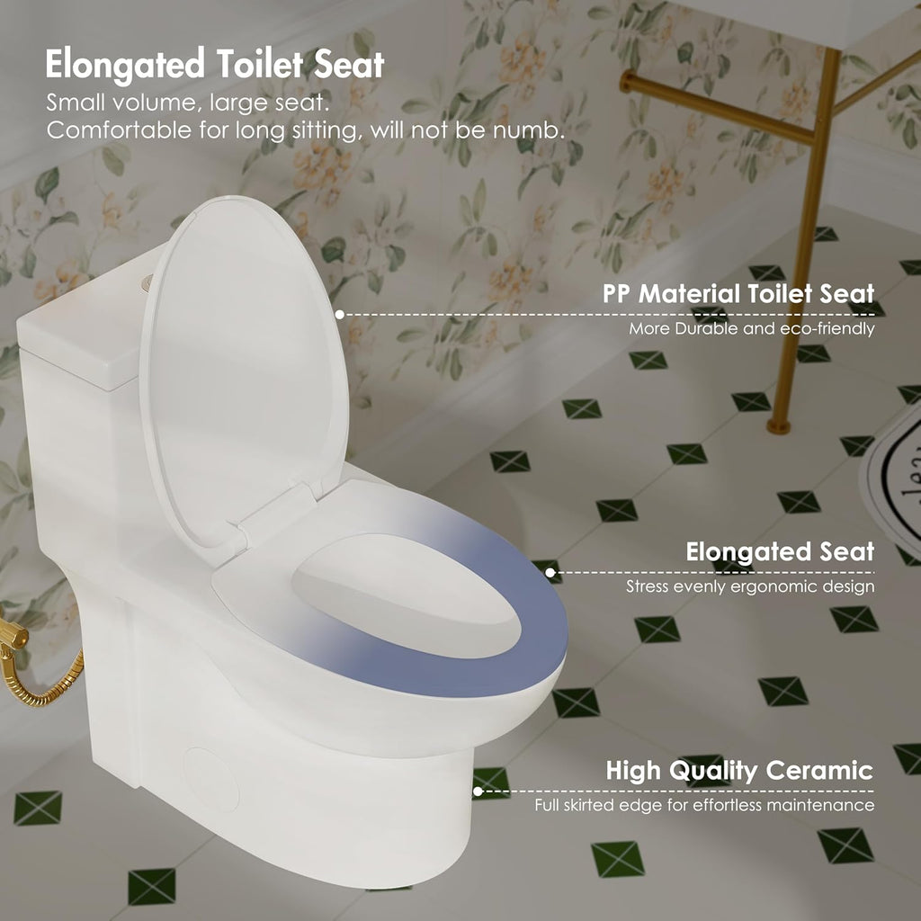 Eridanus One Piece Toilets for Bathroom, Elongated Toilet with Compact Soft Closing Seat, ADA Compliant 17' Toilet Bowl, 12' Rough in, Powerful Dual Flush 1.1/1.6 GPF, Modern Ceramic White