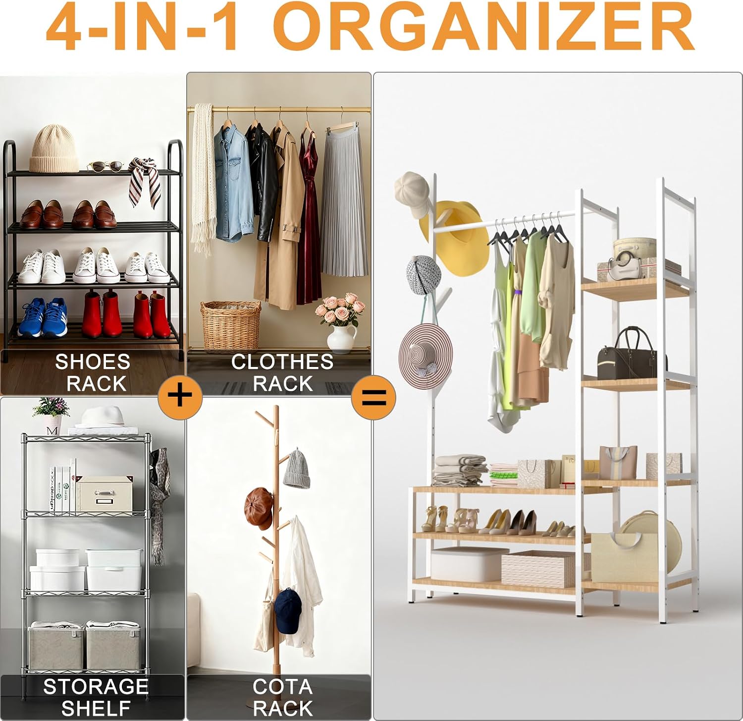 4 in 1 Freestanding Closet Organizer with Coat Rack & Shoes Rack & 5 Side Shelves, Heavy Duty Wood Clothing Rack for Hanging Clothes, Multi-functional Wardrobe Closet for Bedroom, Living Room (White)