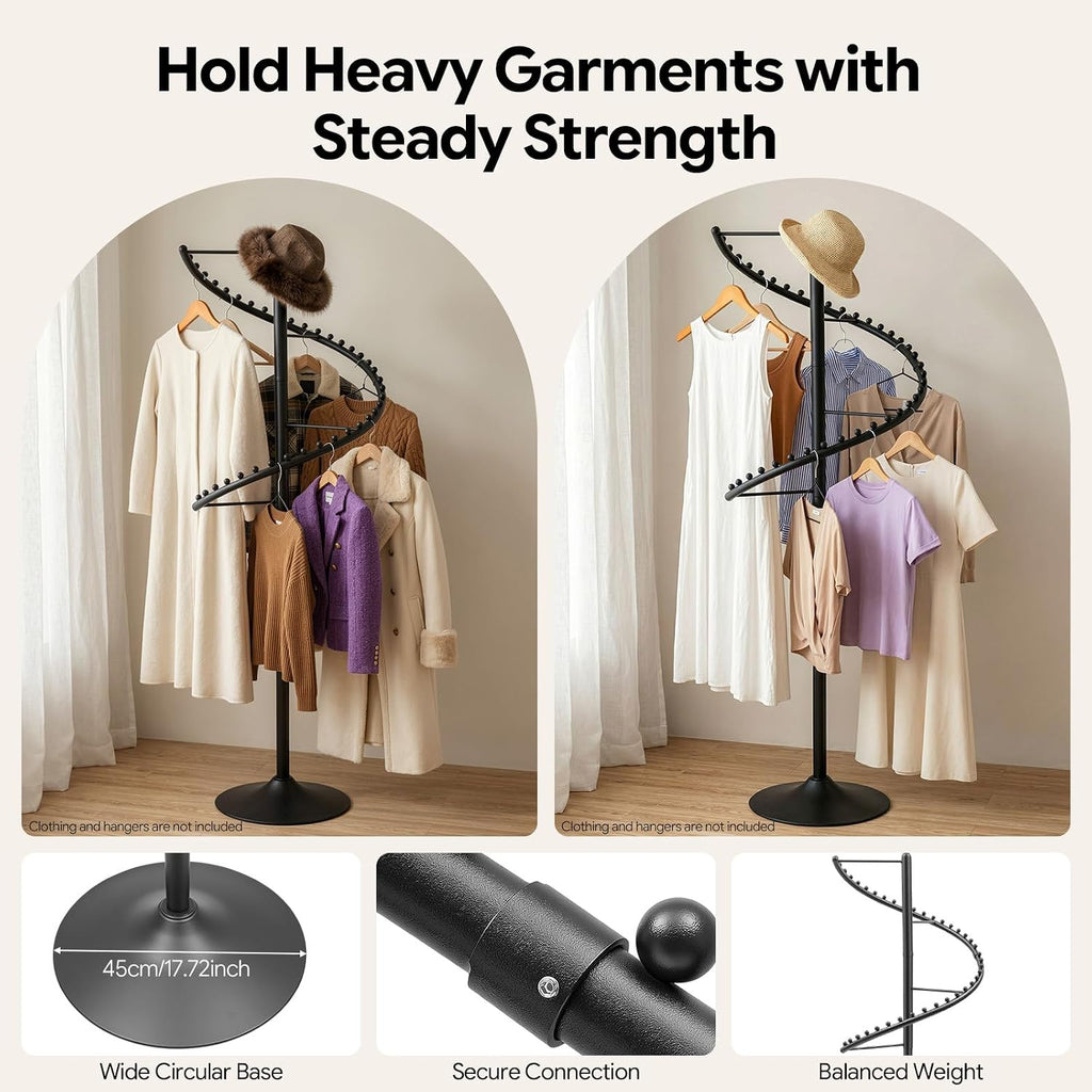 DYRABREST Spiral Rotating Clothing Rack, 5.91ft H 38-Ball Heavy Duty Garment Rack, Space Saving Standing Metal Sturdy Freestanding Hanger for Boutique Bedroom (Black)