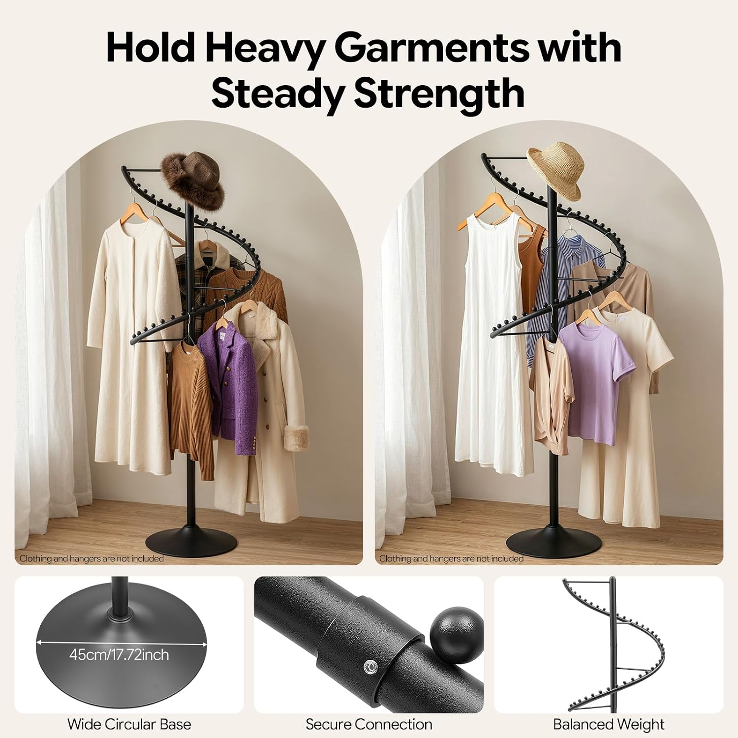 DYRABREST Spiral Rotating Clothing Rack, 5.91ft H 38-Ball Heavy Duty Garment Rack, Space Saving Standing Metal Sturdy Freestanding Hanger for Boutique Bedroom (Black)