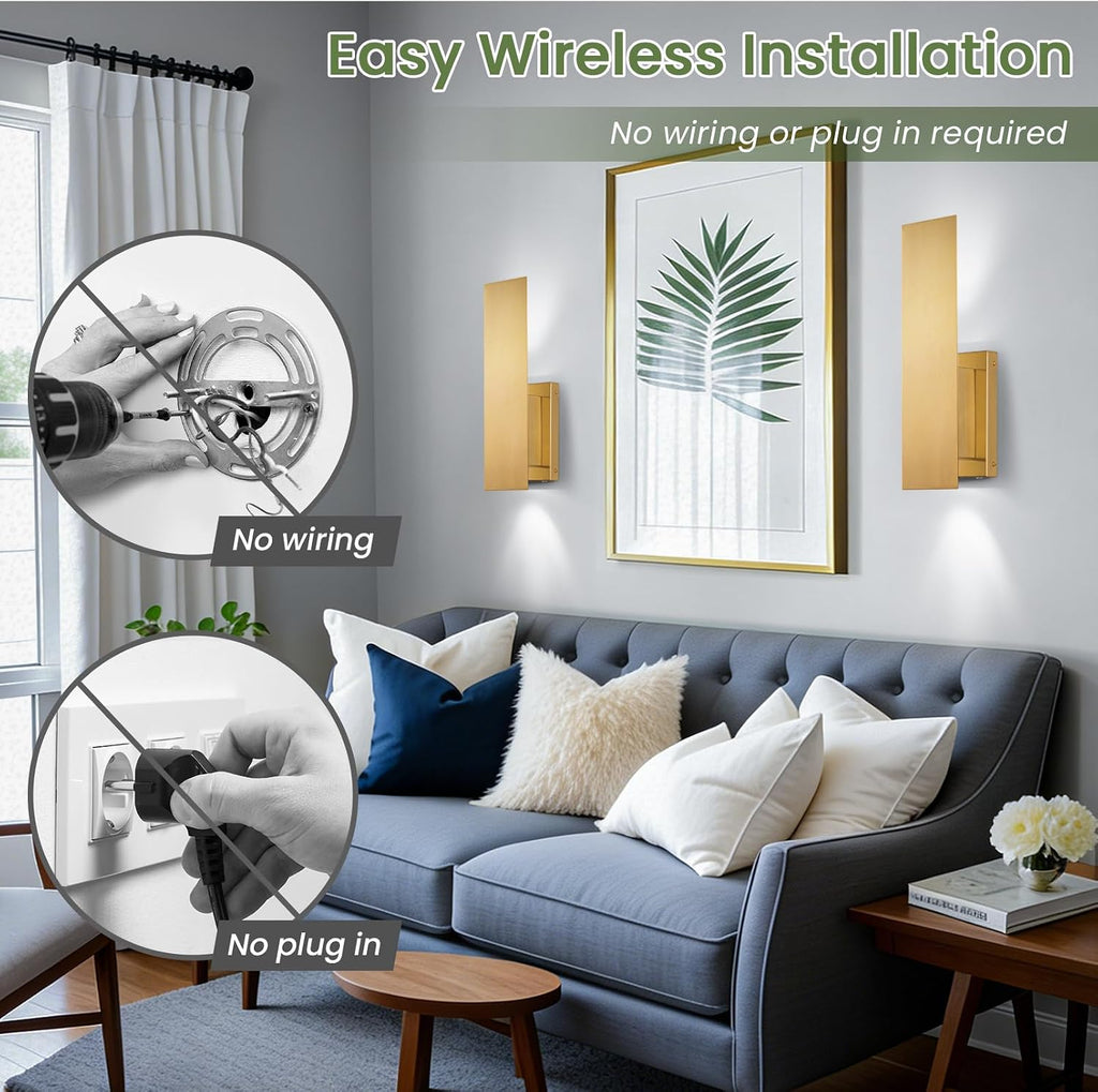 Gold Wireless Wall Sconces Set of Two,3000K-6000K Dimmable Battery Operated Wall Sconce with Remote,USB Rechargeable LED Wall Lights for Living Room Bedroom Hallway