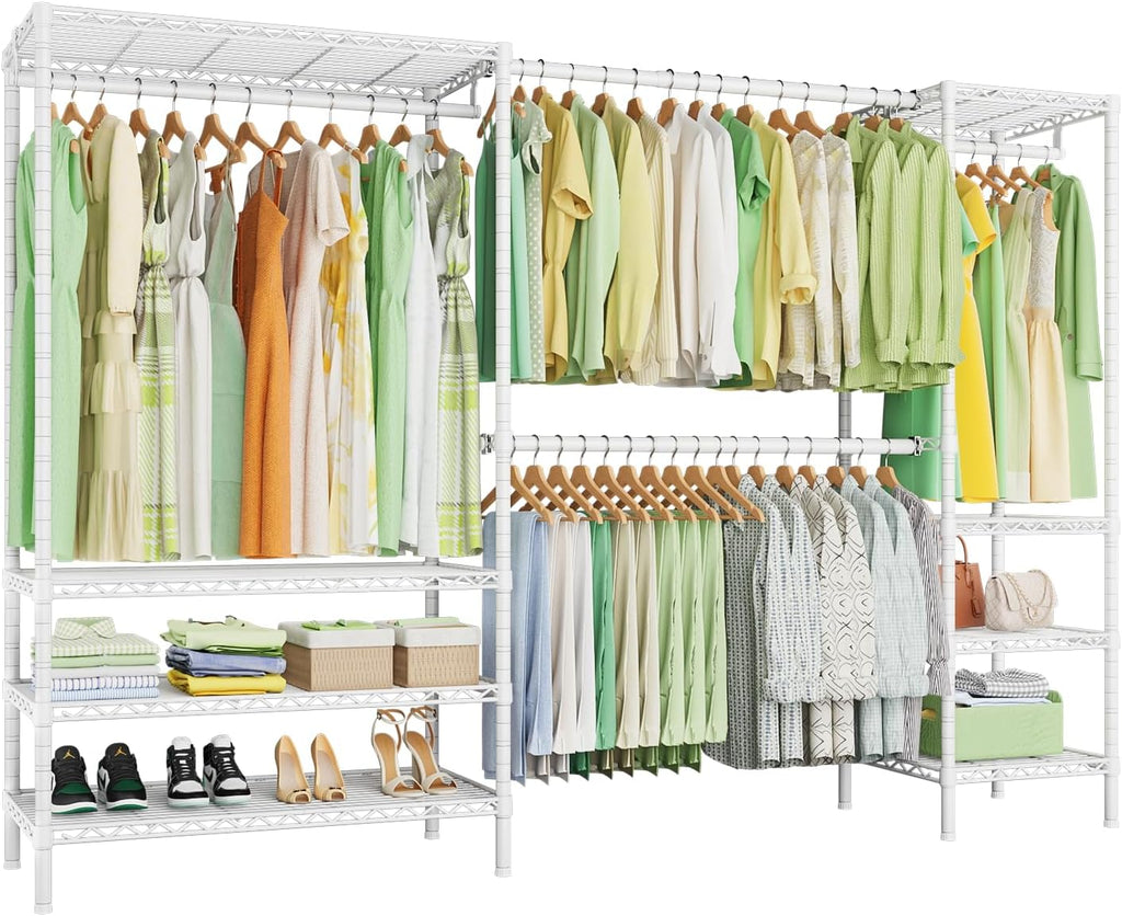 Ulif E11 Heavy-Duty Garment Rack, Metal Freestanding Clothes Rack and Closet Storage Organizer with 8 Shelves and 4 Hanger Rods, (73.2-97.6)' W x 14.5' D x 71.2' H, Load 1034 LBS, White
