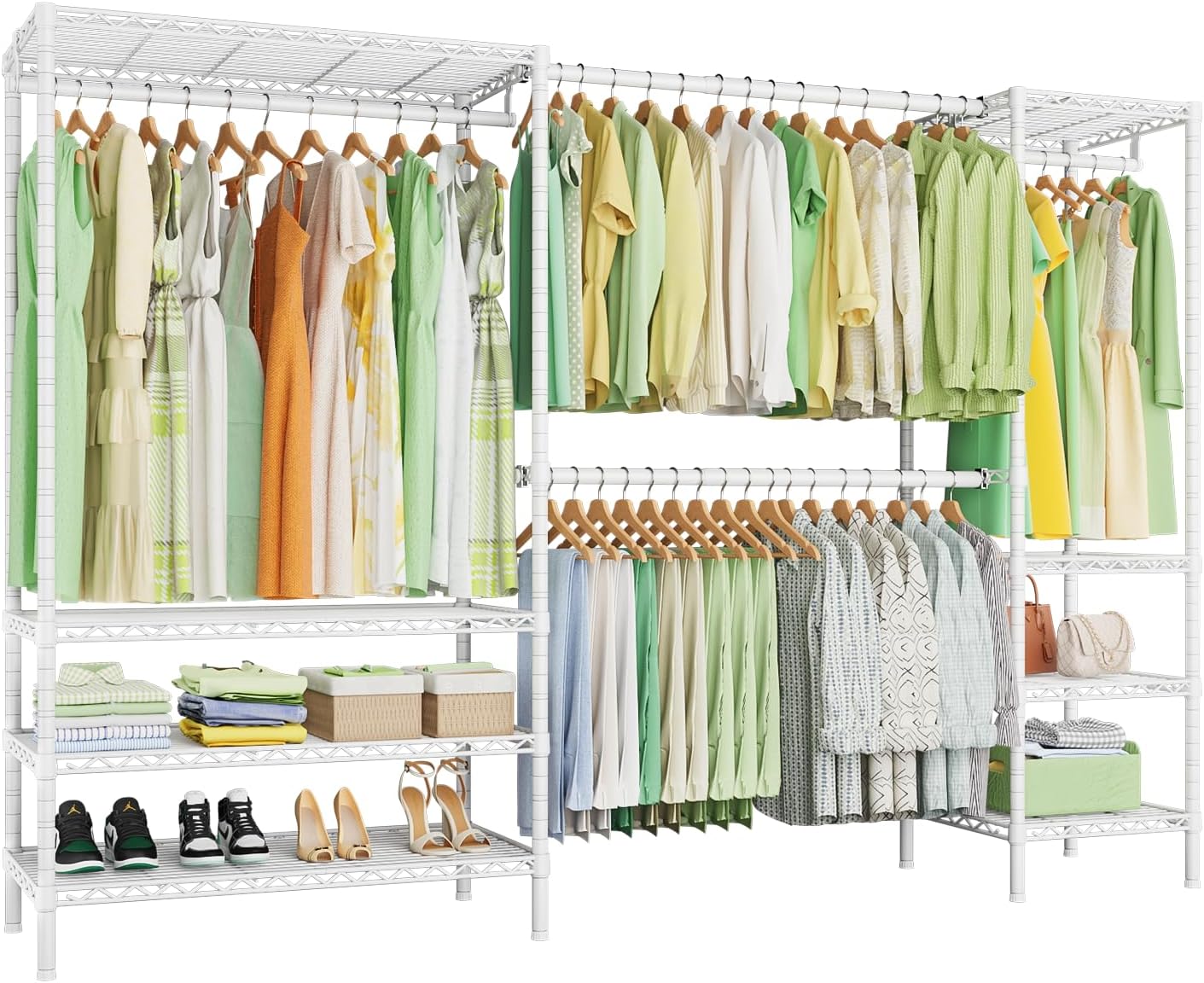 Ulif E11 Heavy-Duty Garment Rack, Metal Freestanding Clothes Rack and Closet Storage Organizer with 8 Shelves and 4 Hanger Rods, (73.2-97.6)' W x 14.5' D x 71.2' H, Load 1034 LBS, White