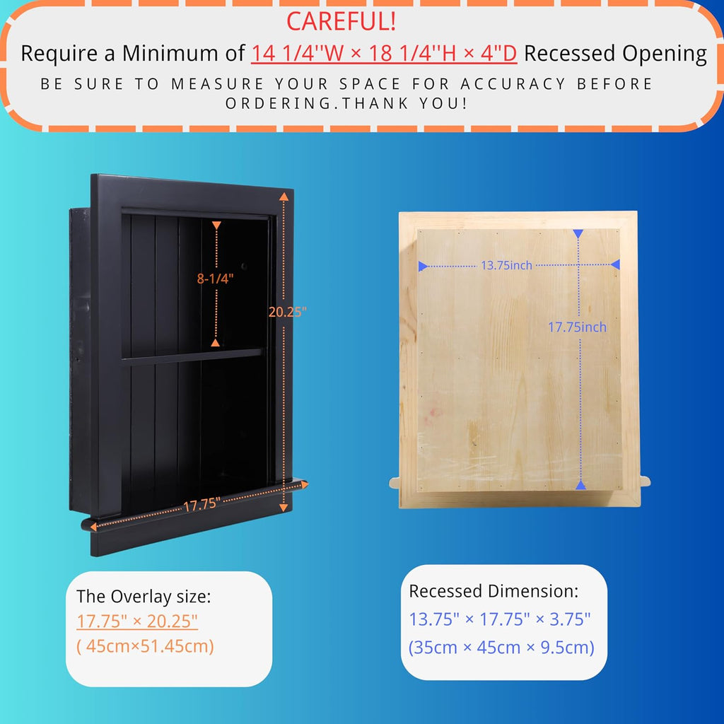 14 x 18 Medicine Cabinet Recessed, Wall Niche, Bathroom Wall Cabinet, 3-Tier, Between Studs Shelving for Drywall, Black