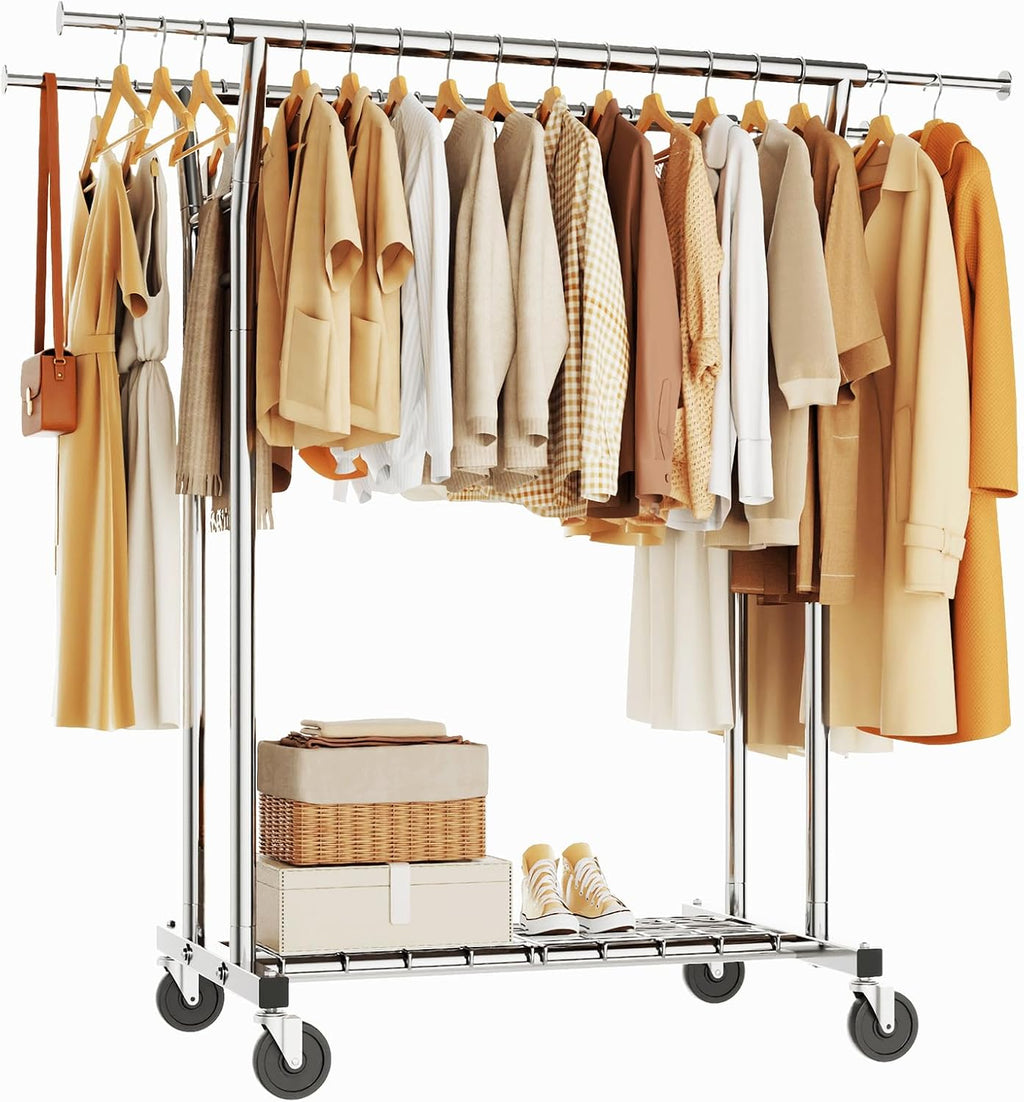 HYSEYY Heavy Duty Clothes Rack, Rolling Clothing Rack for Hanging Clothes with Shelves Load 700LBS,Portable Garment Wardrobe Closet Rack with Wheels for Bedroom,Laundry Room,Retail Store,Silver
