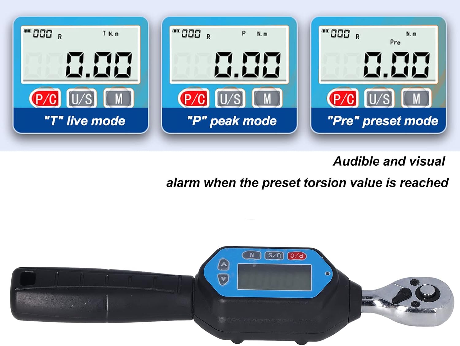 Digital Torque Wrench, 1/4in Connector Electronic Digital Display Adjustable Torque Meter Wrench Socket Tool Steel Torsion Measuring Meter Tester, 3 Modes 4 Units for Testing Working