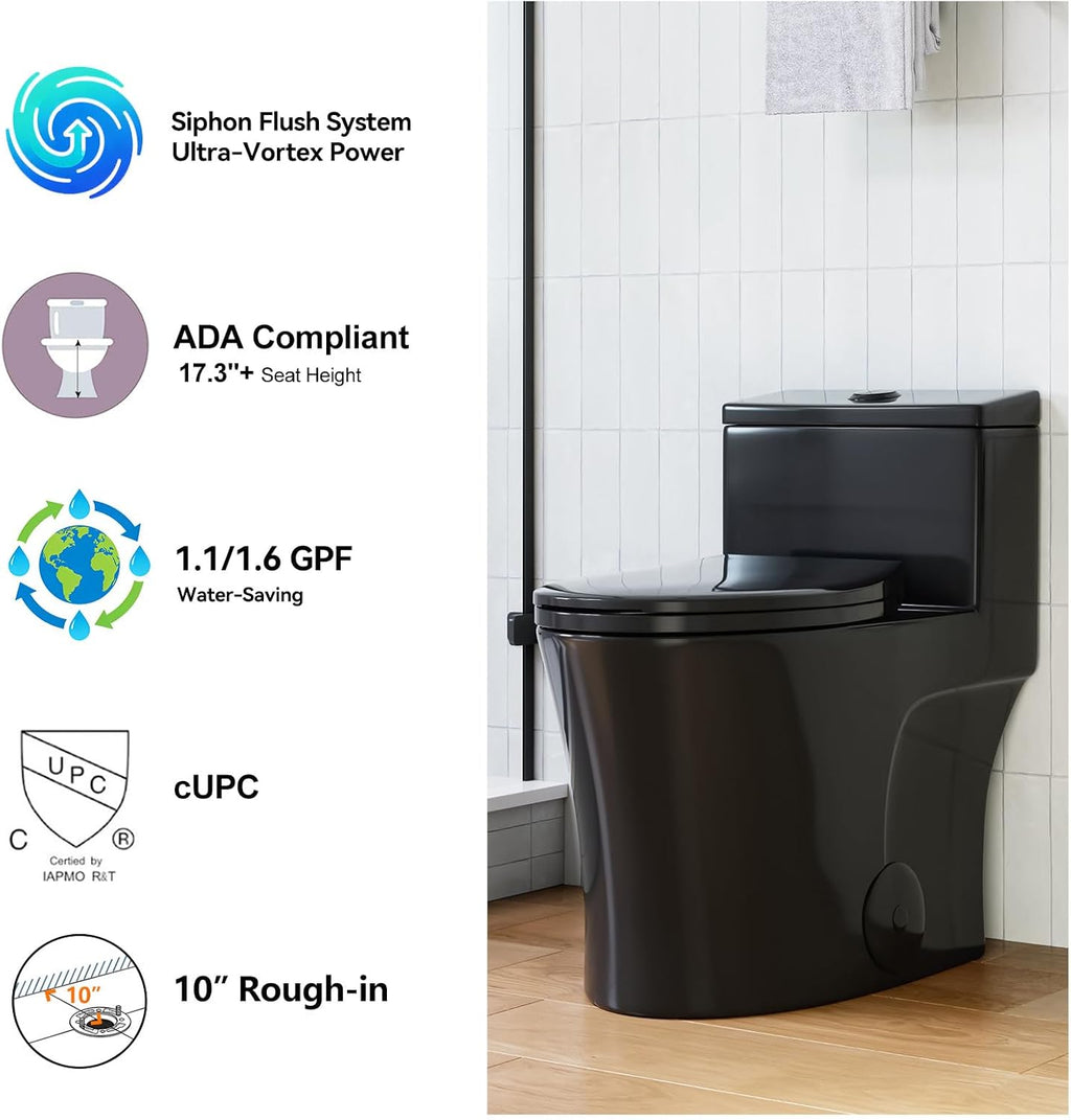HOROW T0338WB Elongated One Piece Toilet 10' Rough-in, Matte Black Toilet with Comfortable 17.3' ADA Chair Height Seat, Powerful Dual Flush Modern Toilet for Bathroom