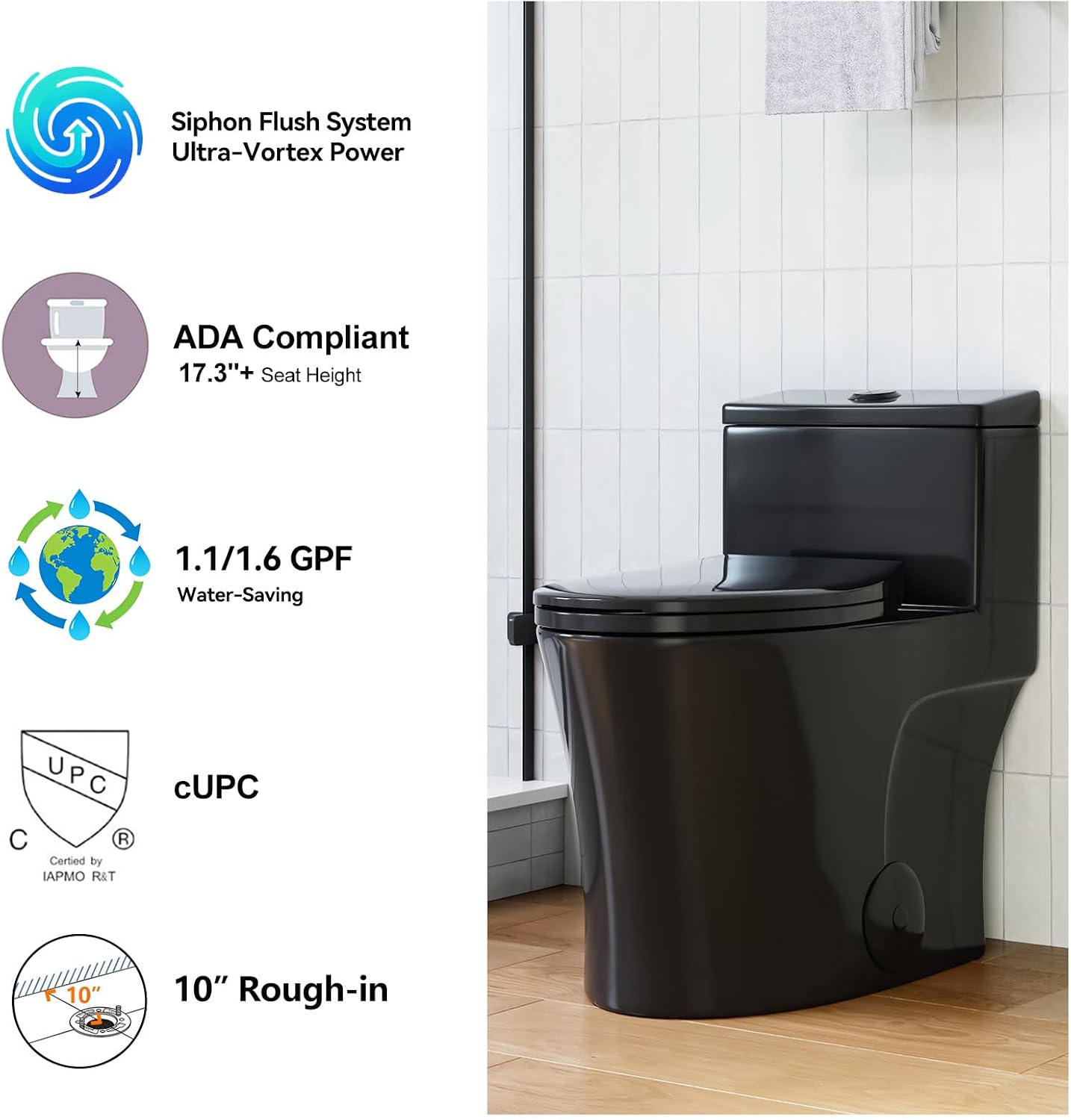 HOROW T0338WB Elongated One Piece Toilet 10' Rough-in, Matte Black Toilet with Comfortable 17.3' ADA Chair Height Seat, Powerful Dual Flush Modern Toilet for Bathroom
