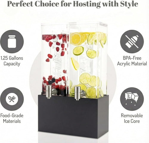 1.25 Gallon Dual Acrylic Beverage Dispenser with Gray Metal Stand – 2-Drink Server with Ice Chambers & Stainless Steel Spouts