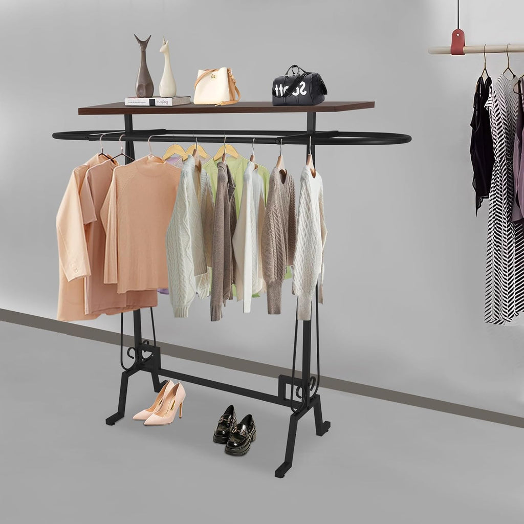 59x55x19.6in Clothing Display Stand, Floorstanding Retail Ellipse Coat Rack, Commercial Clothes Hanging Rack with Top Panel, Metal Garment Rack for Shops, Boutiques Display (Black)