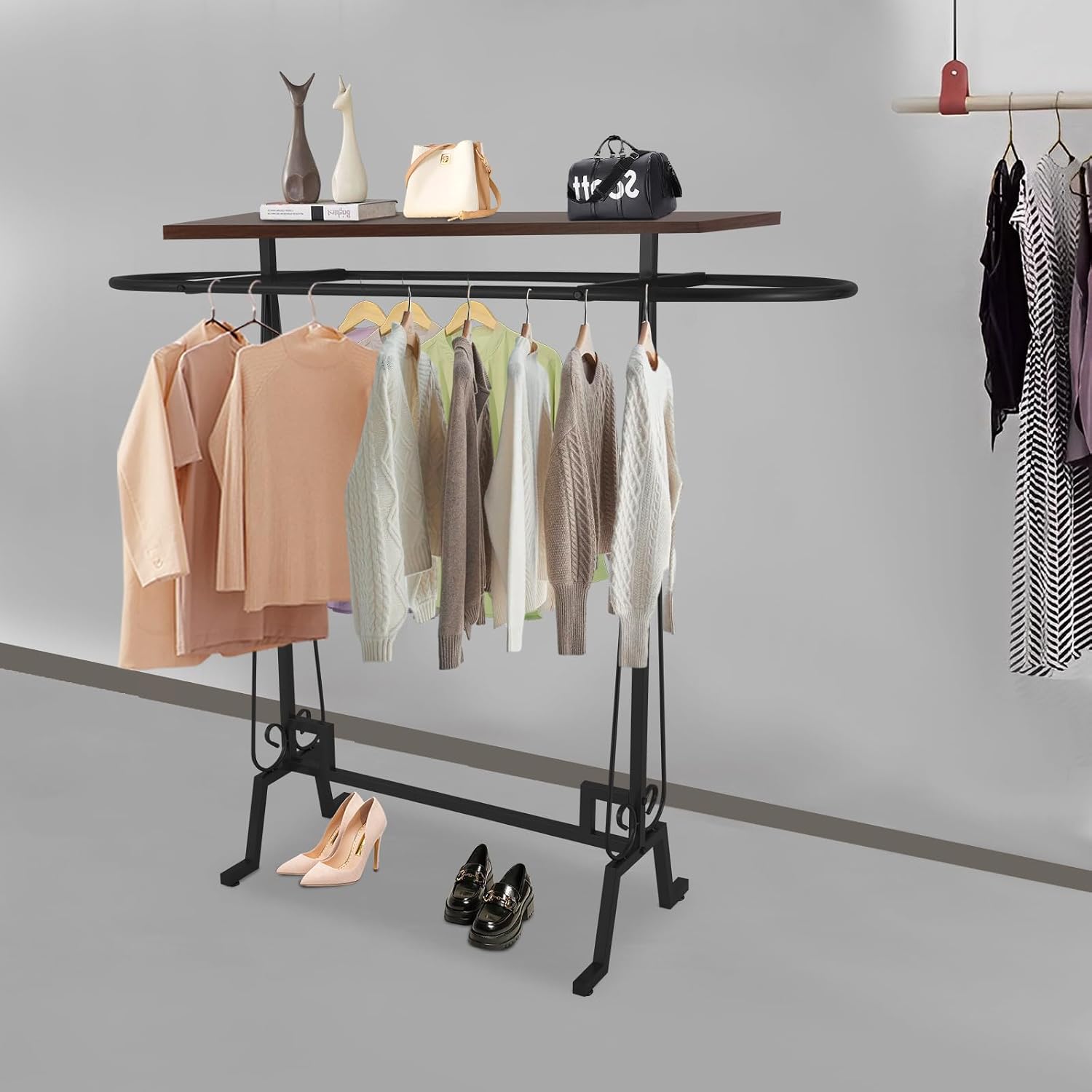 59x55x19.6in Clothing Display Stand, Floorstanding Retail Ellipse Coat Rack, Commercial Clothes Hanging Rack with Top Panel, Metal Garment Rack for Shops, Boutiques Display (Black)
