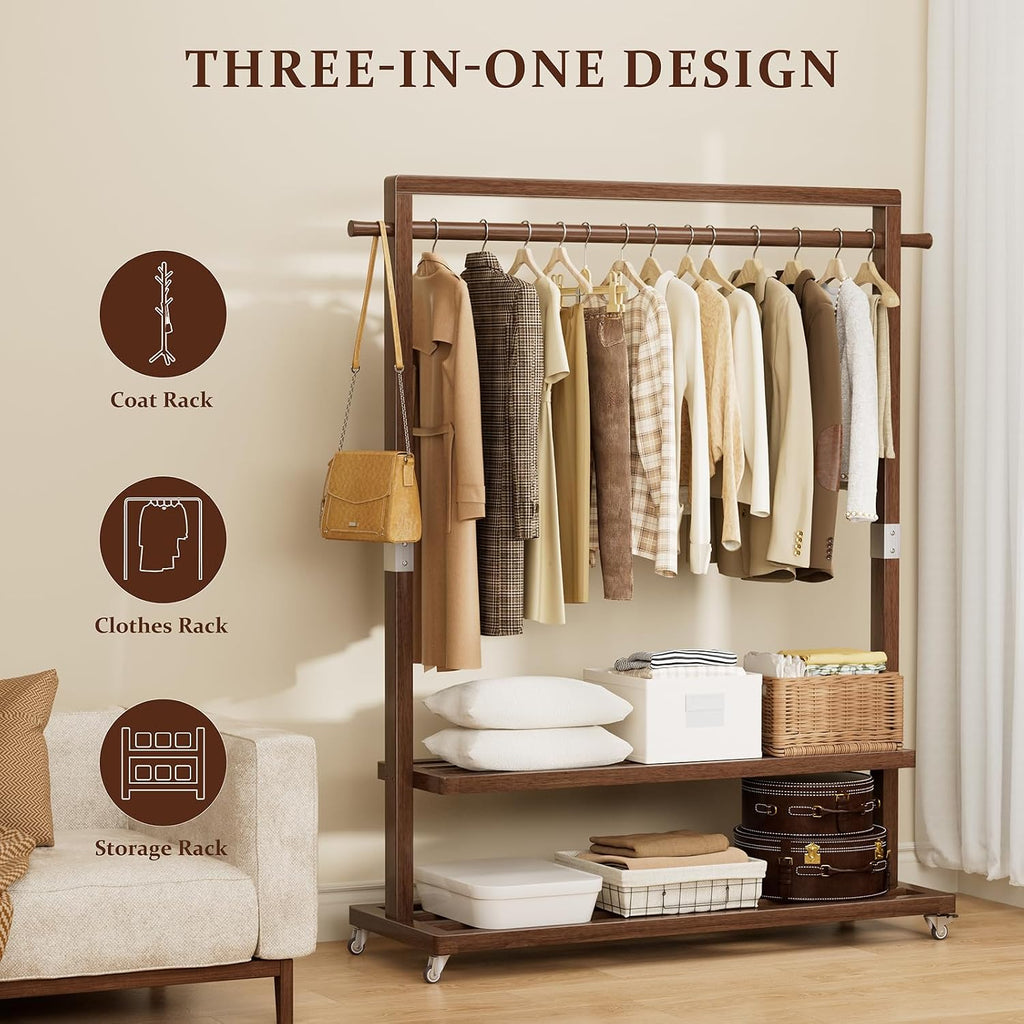 Solid Wood Clothes Rack with Wheels | 3-in-1 Freestanding Garment Rack & Coat Tree, Extra-Long Rod, Two Shelves, 220 lb Load | Organizer for Bedroom & Entryway