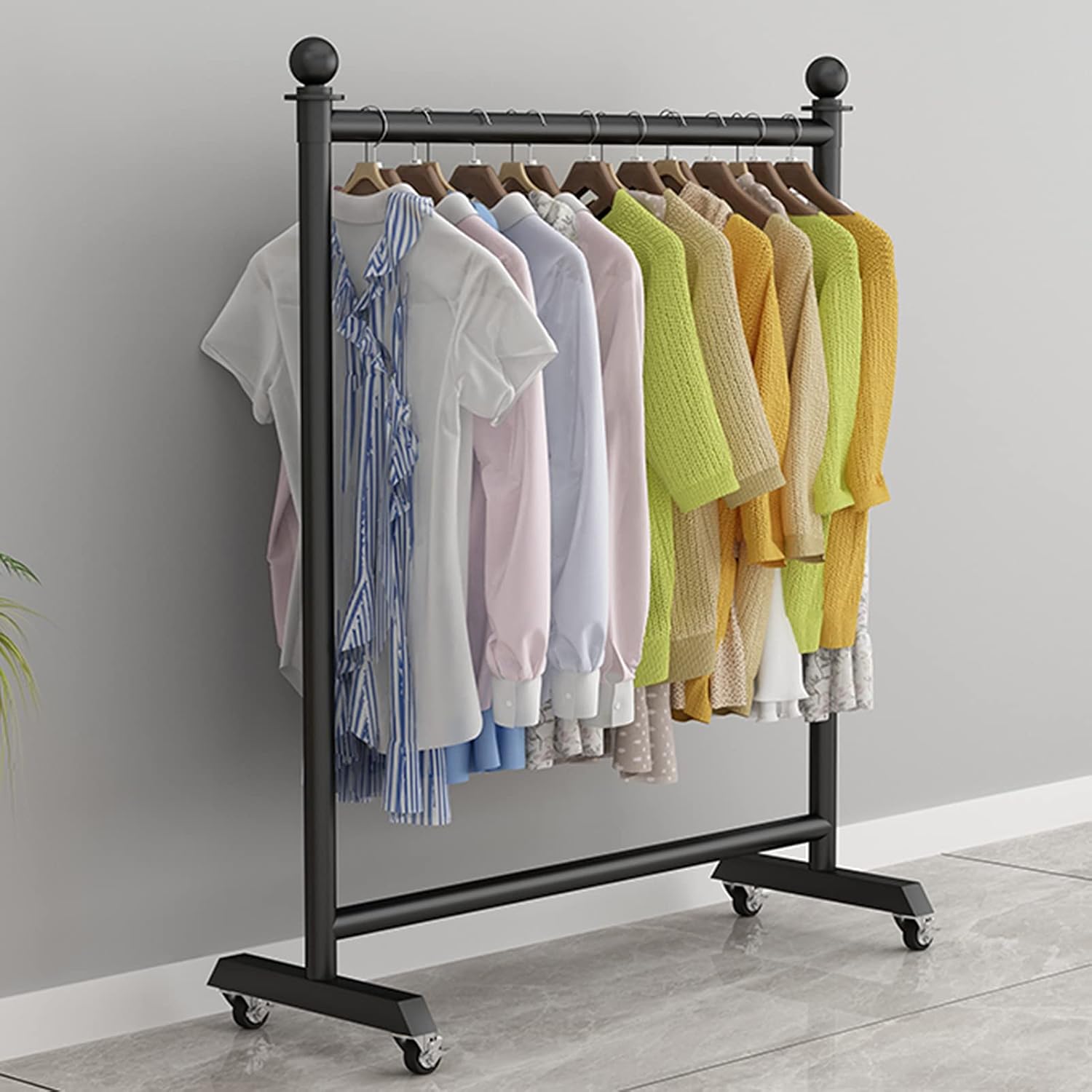 Garment Rack Nordic Modern Metal Rolling Garment Rack With Wheel, Retail Display Clothing Rack, Wrought Iron Single Rod Hanging Clothes Rack，Bedroom Living Room Floor-S(Size:100x40x155CM,Color:Black)