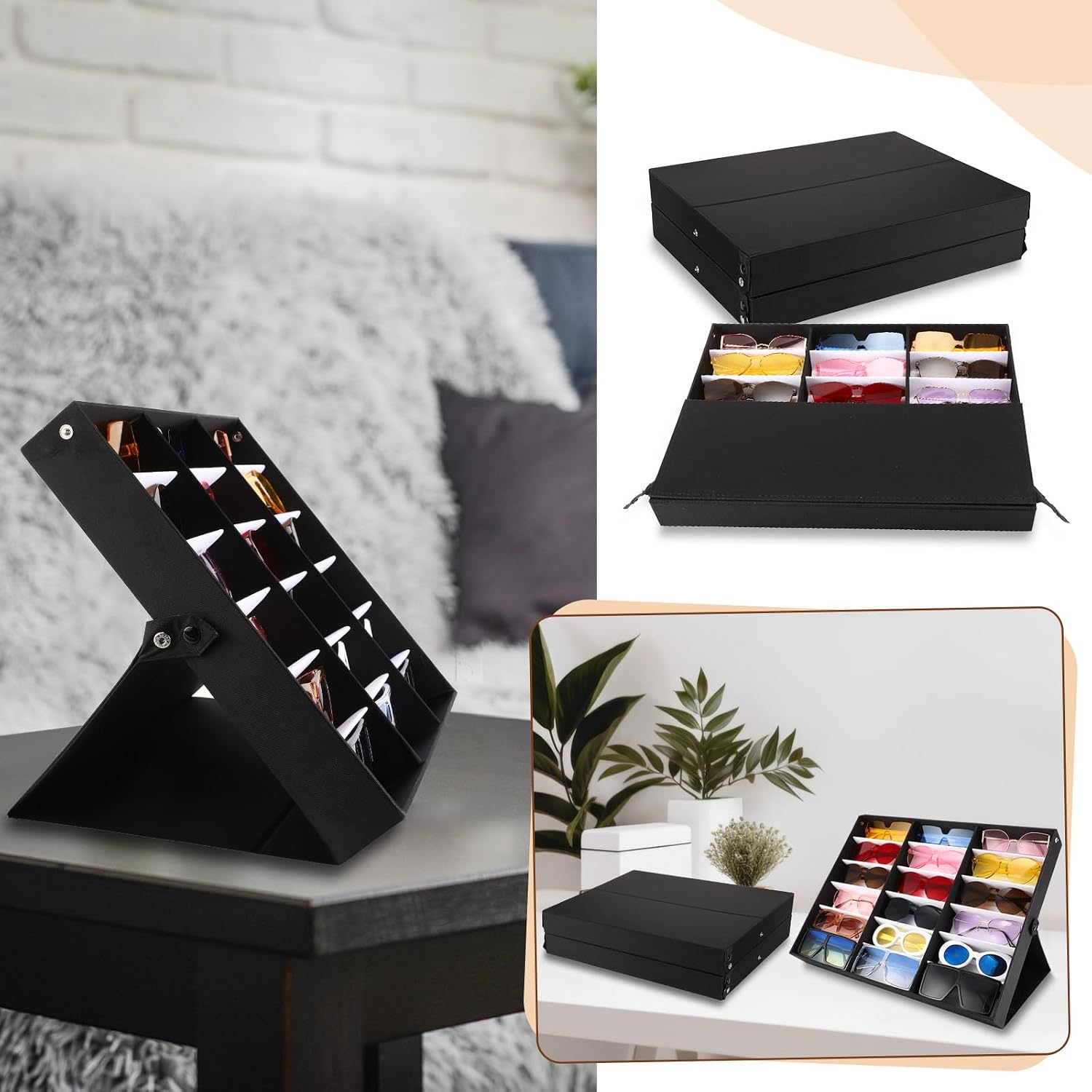 Soaoo 6 Pcs 18 Slot Sunglasses Organizer Storage Holder Eyeglasses Display Case Tray with Stand Fabric Lined Jewelry Storage Box