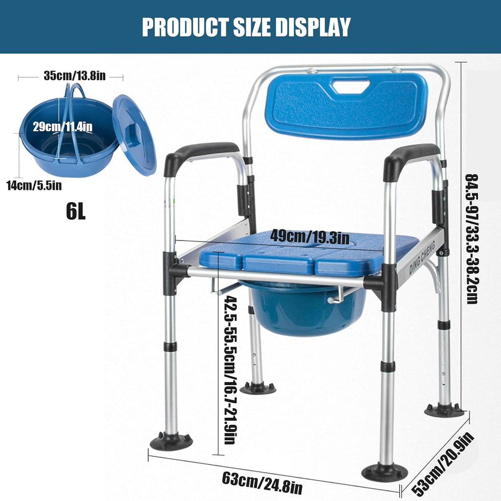 Bariatric Bedside Commode 3 in 1 Toilet Seat Chair 49cm/19.3in Extra Wide Heavy Duty Adult Bathroom Shower Chair with Bucket Splash Guard, Aluminum Alloy Frame