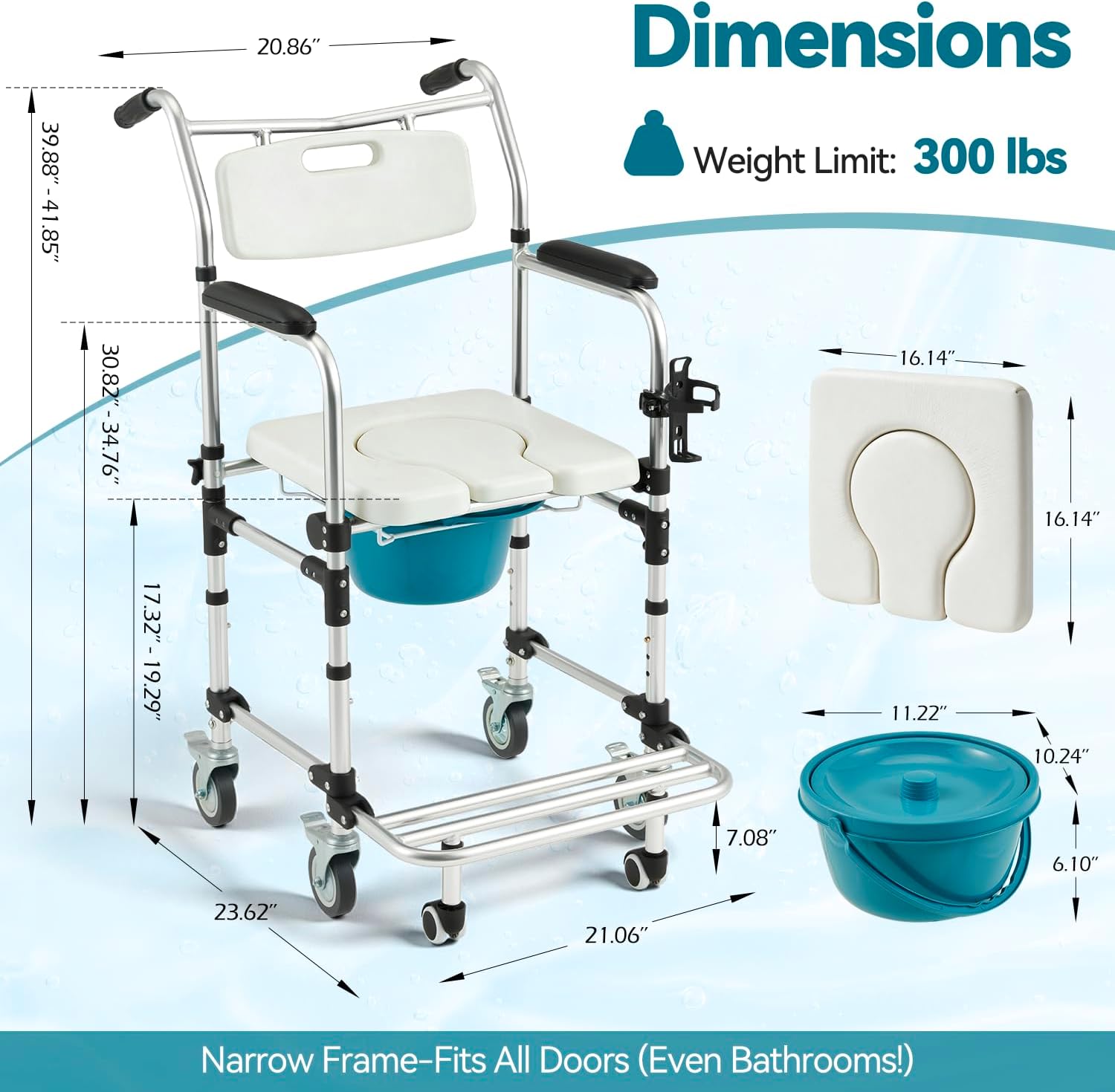 Upgraded 4-in-1 Bedside Commode Chair with Handles, 3-Level Height Adjustable Shower Wheelchair for Elderly, Anti-Tipping Rollout Footrest Transport Toilet Chair, Padded Seat, White