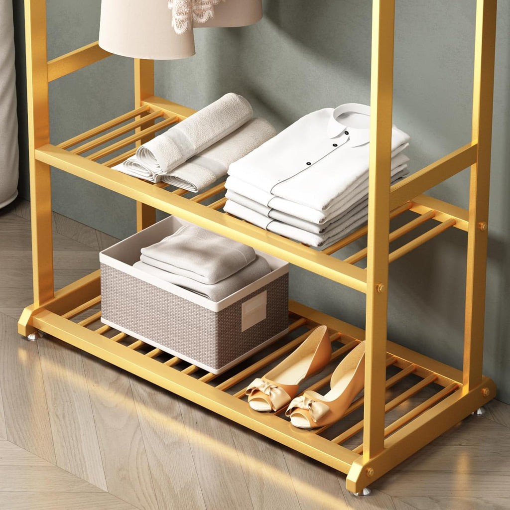 Gold Clothing Rack,Metal Garment Rack with Bottom Storage Shelves and 6 Side Hooks,modern Sturdy clothes racks for hanging clothes,Freestanding Wardrobe Rack for Bedroom or Boutique (L:23.6in)