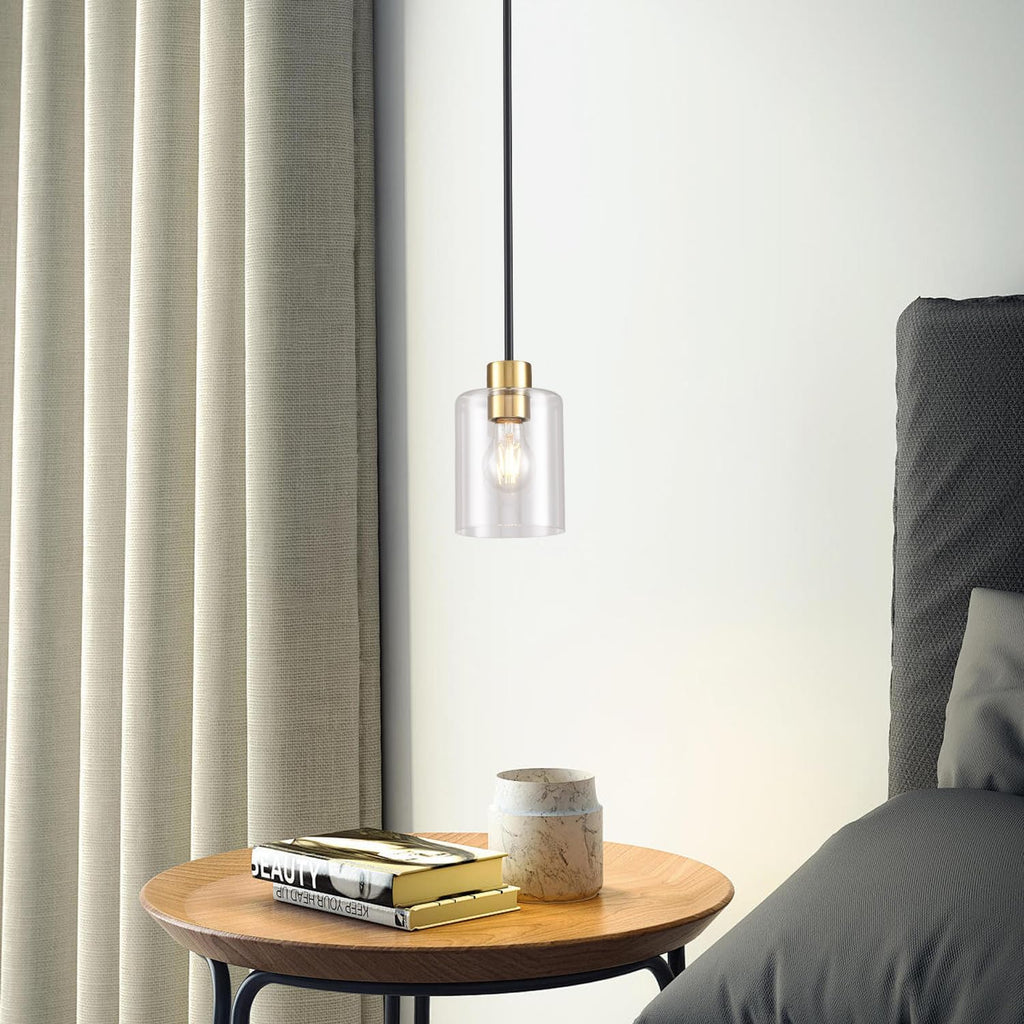 Modern 3 Pack Black Gold Pendant Lights for Kitchen Island, Brushed Brass Modern Hanging Light with Clear Glass Shade, Adjustable Metal Rod Pendant Lighting for Dining Room, Living Room, Bar, Entryway