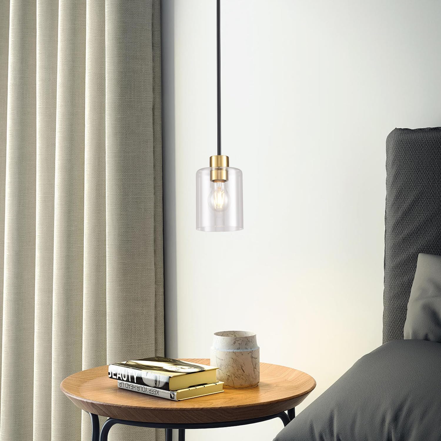 Modern 3 Pack Black Gold Pendant Lights for Kitchen Island, Brushed Brass Modern Hanging Light with Clear Glass Shade, Adjustable Metal Rod Pendant Lighting for Dining Room, Living Room, Bar, Entryway