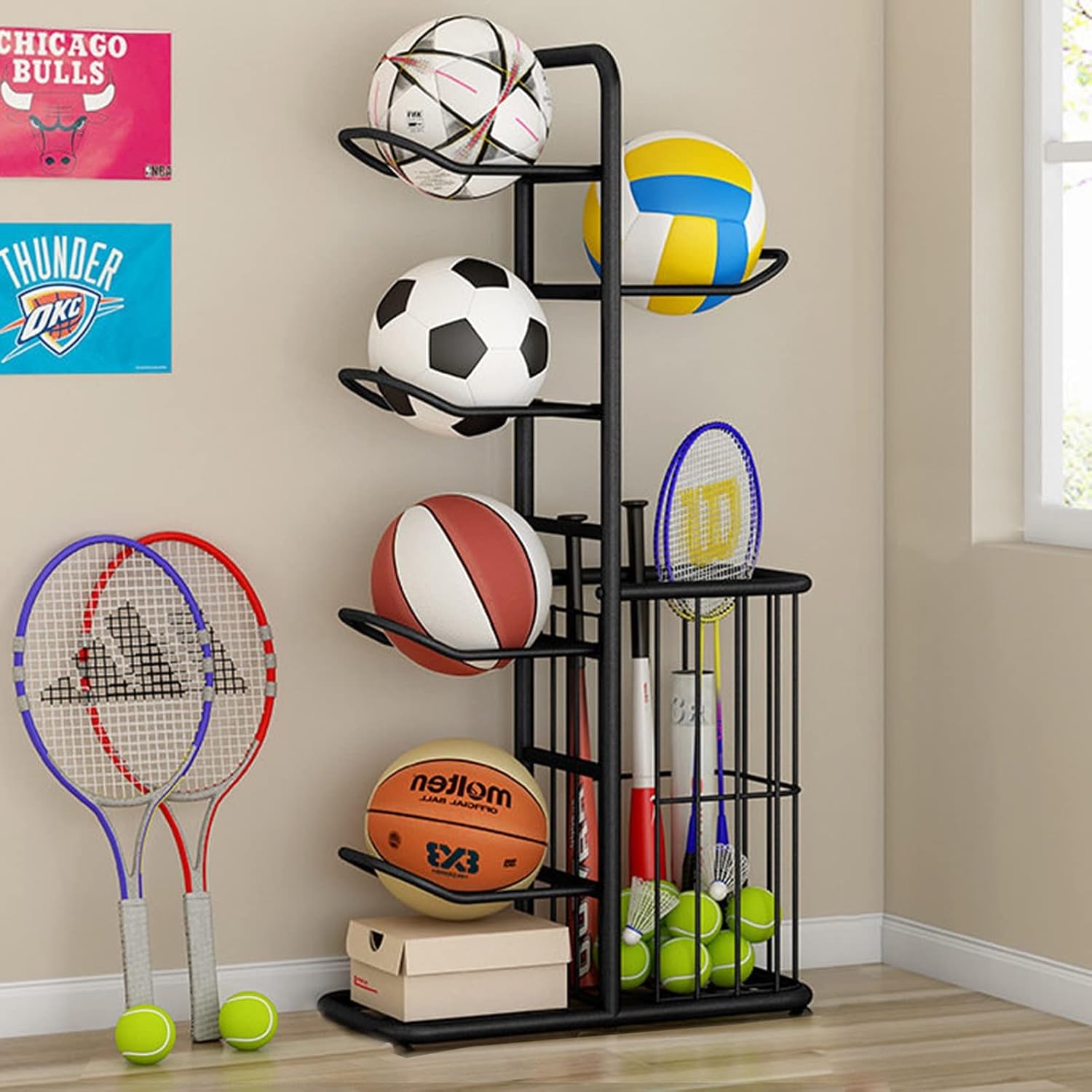 Basketball Ball Storage Rack Ball Storage Display Rack Floor Stand, Vertical Standing Metal Sport Ball Organizer Holder, Basketball Football Volleyball Storage Display