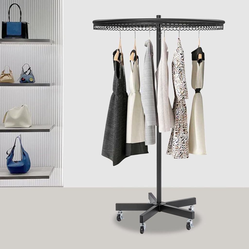 Rotatable Round Clothes Rack 360°Rotating Round Clothing Rack with Wheels Garment Display Racks for Shopping Centers, Clothing Stores 66lbs Capacity 45.7-74.8in Adjustable Height (Black)