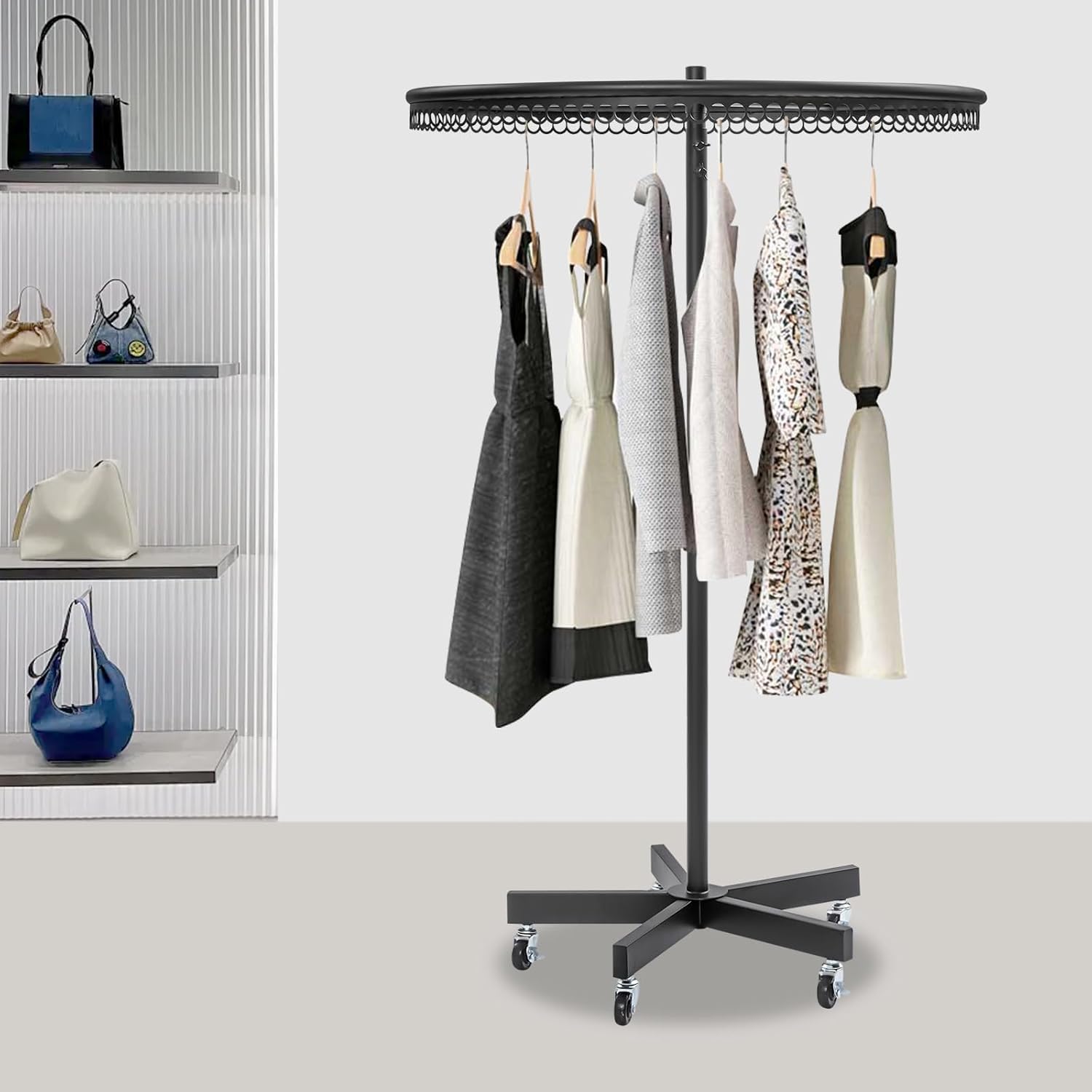 Rotatable Round Clothes Rack 360°Rotating Round Clothing Rack with Wheels Garment Display Racks for Shopping Centers, Clothing Stores 66lbs Capacity 45.7-74.8in Adjustable Height (Black)