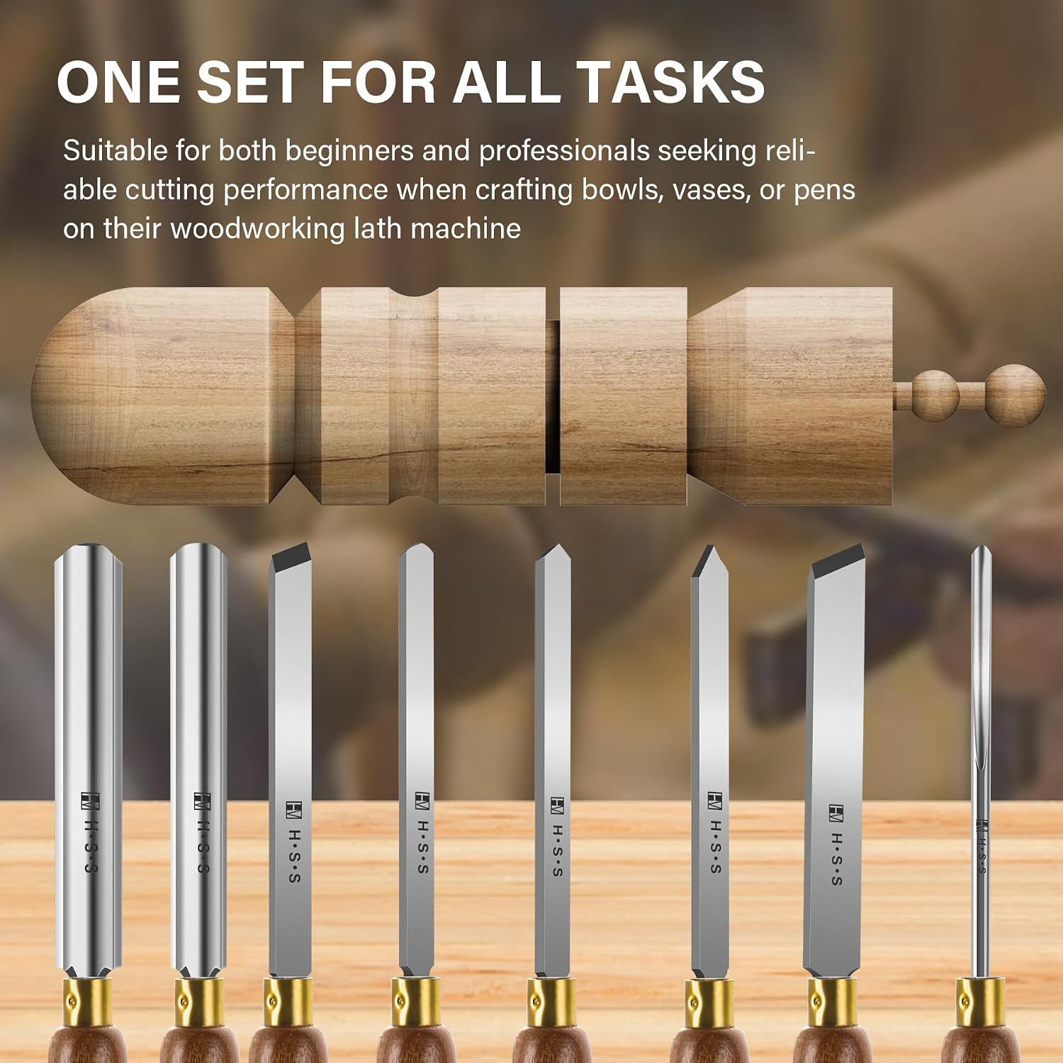 HAUTMEC Expert Wood Lathe Chisel Set 8 PCS, M2 HSS Wood Turning Tools with Teak Handles & Portable Storage Bag, Roughing Gouge, Skew, Parting, Scraper, for Beginners & Professionals - HTWCH25028