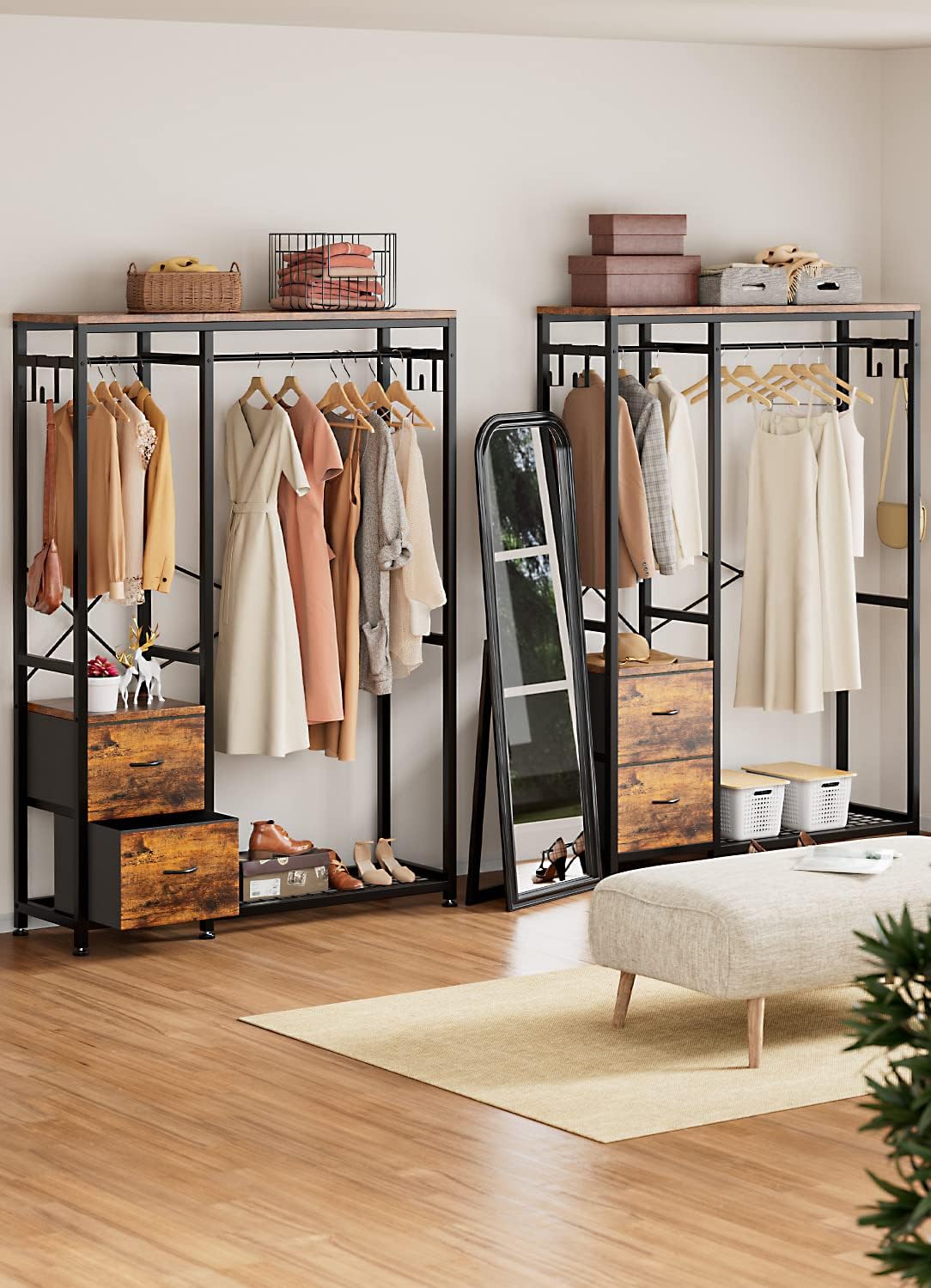 Lulive Clothes Rack with 2 Rods, Shelves, Drawers & Hooks, Garment Rack | Clothes rack with 2 hanging rods (50lbs each), 2 shelves, 2 fabric drawers & 4 hooks. 300lb total capacity. Fits small spaces