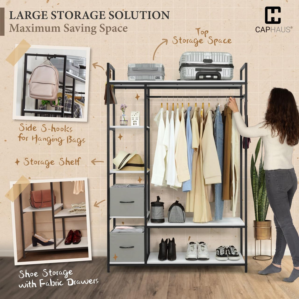 CAPHAUS 979lbs Capacity Garment Rack for Hanging Clothes, Heavy Duty Open Wardrobe w/Hanging Rods & Fabric Drawers, Free Standing Closet Organizer, Metal Closet Rack w/Rustic Oak Wooden Shelves