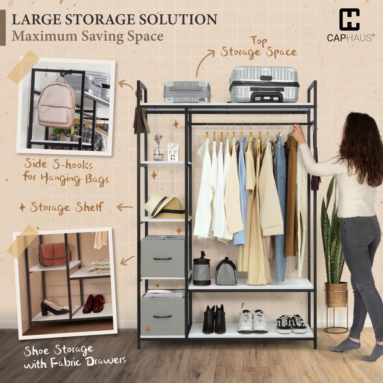 CAPHAUS 979lbs Capacity Garment Rack for Hanging Clothes, Heavy Duty Open Wardrobe w/Hanging Rods & Fabric Drawers, Free Standing Closet Organizer, Metal Closet Rack w/Rustic Oak Wooden Shelves