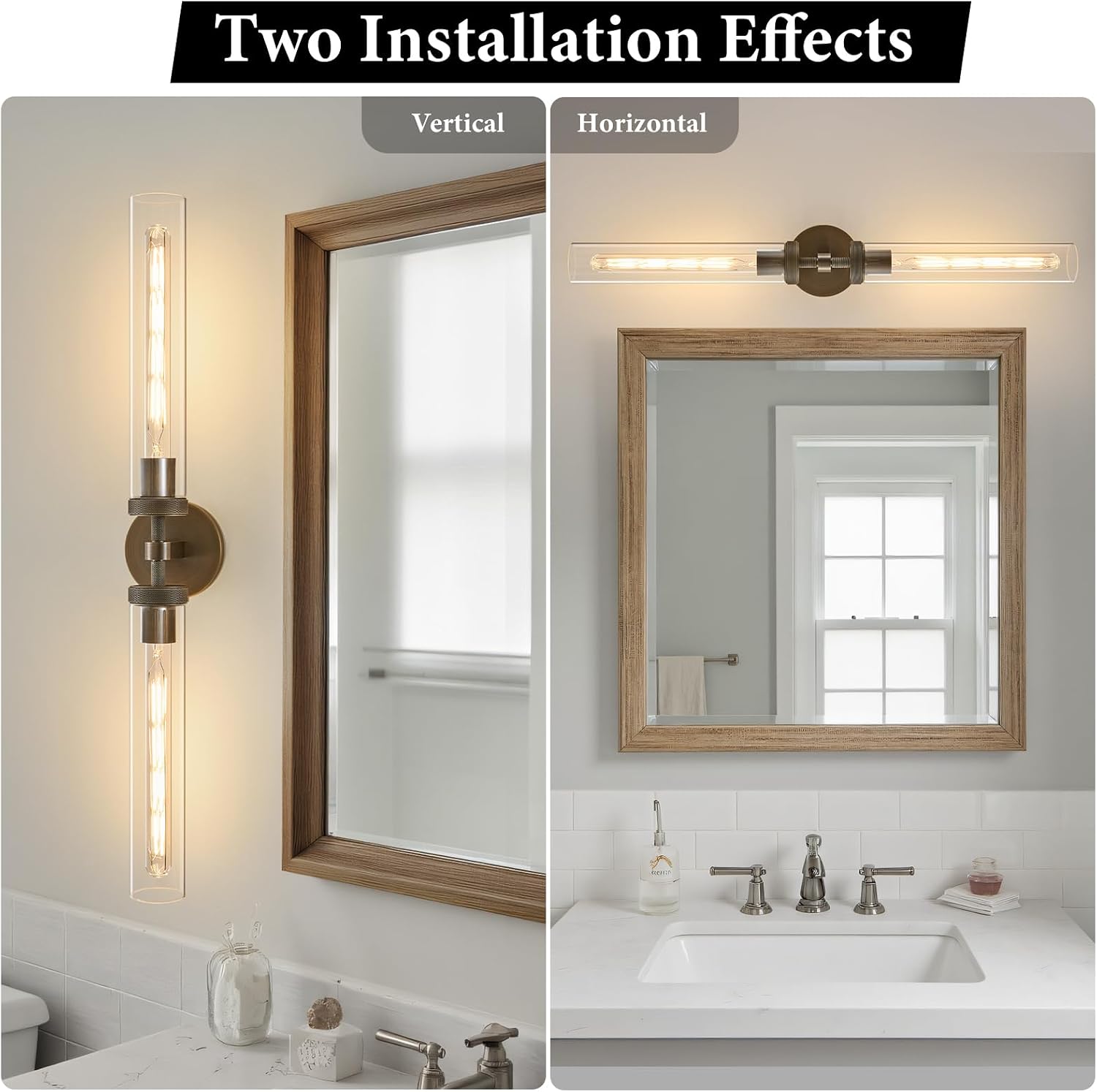 Knurled Brass Bathroom Wall Sconce - Luxury Brushed Antique Gold Sconces - Dimmable Indoor Lighting - Modern Linear Tube Vanity Lights Fixture with Clear Glass for Bedroom Living Room Decor