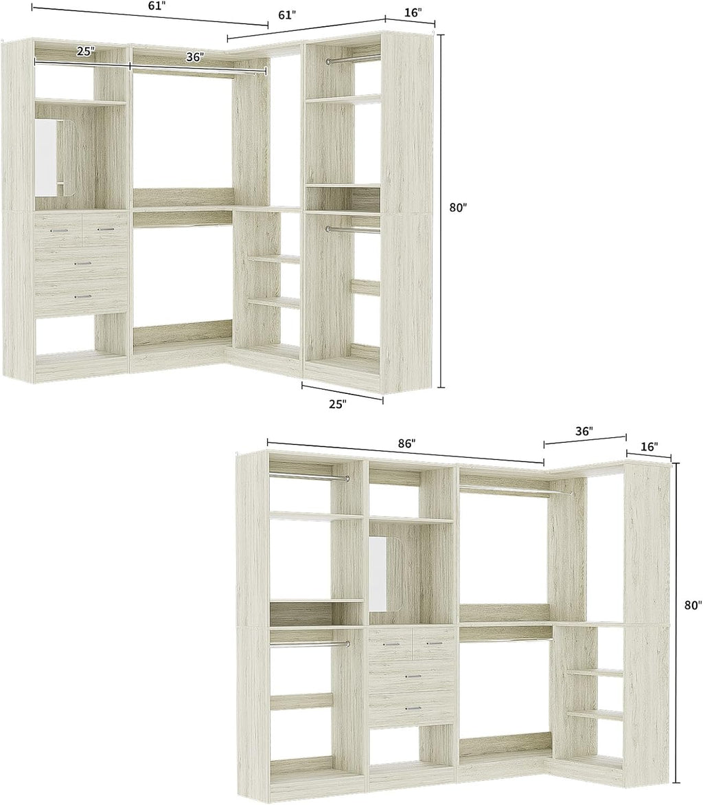Unikito 86 Inch Closet System, 3 Sets Corner Closets Organizer with Hanging Rods and Mirror Design, Freestanding Adjustable Wood Clothes Garment Rack with Drawers, Sturdy Walk in Closet Kit, White Oak