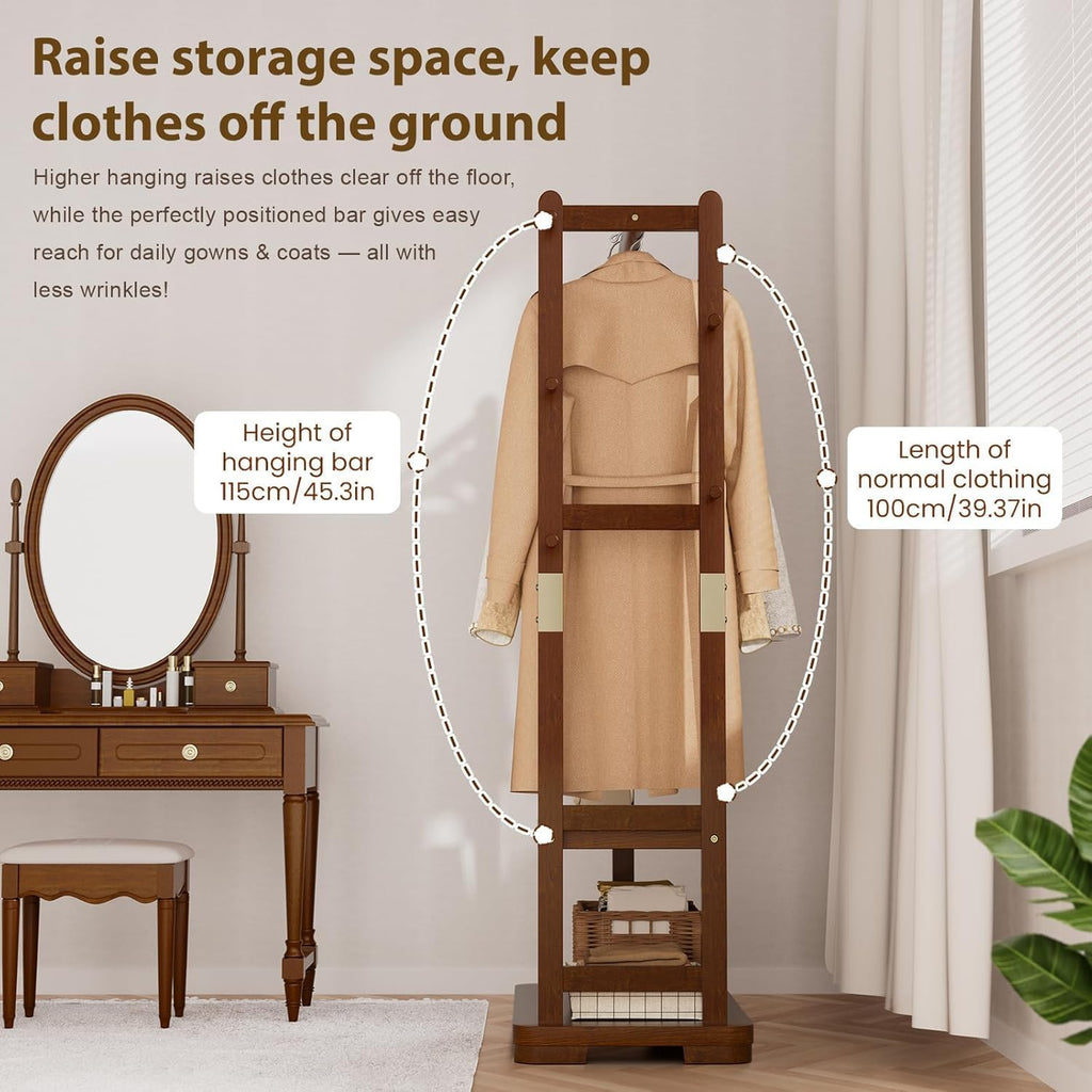 Taitiy Coat Rack Solid Wood Clothes Rack with 2 Shelves & 5 Hooks for Hanging Clothes Garment Wallets Hats, Clothing Rack Heavy Duty Coat Rack Freestanding with Storage Hall Tree for Hallway Bedroom