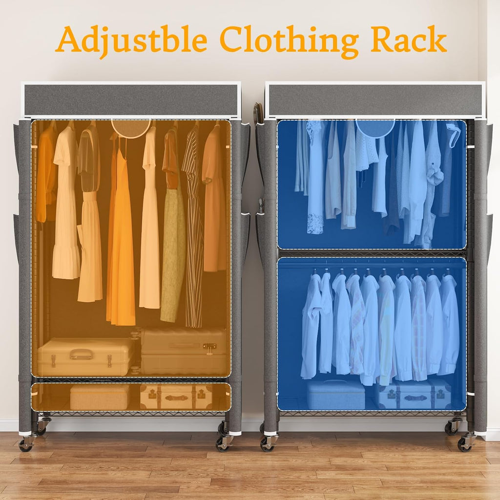 Homdox Garment Rack with Cover, Heavy Duty Clothing Rack for Hanging Clothes, Portable Closet Wardrobe, Double Rods Garment Rack with wheels, 35.1' W x 17.4' D x 80.6' H, Gray