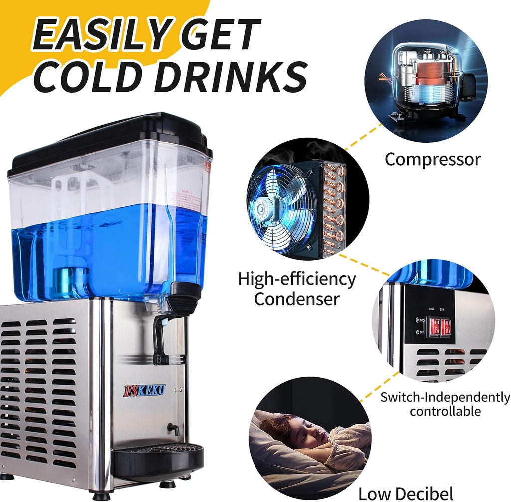 Commercial Beverage Dispenser Single Tank: Commercial Juice Dispenser 18 L/4.8 Gal for Parties - 46℉ to 59℉ Stainless Steel Cold Drink Dispensers for Cafeterias Bar Hotel Parties