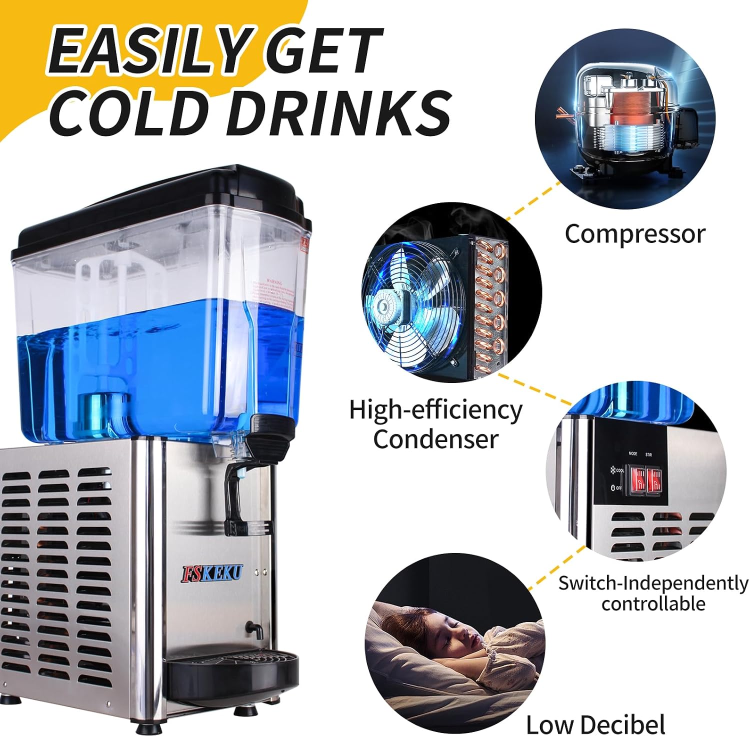 Commercial Beverage Dispenser Single Tank: Commercial Juice Dispenser 18 L/4.8 Gal for Parties - 46℉ to 59℉ Stainless Steel Cold Drink Dispensers for Cafeterias Bar Hotel Parties