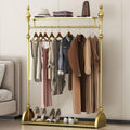 Clothing Rack Gold, Freestanding Heavy-Duty Garment Rack with Double Storage Shelves, Mobile Metal Coat Rack & Shoe Organizer for Bedroom Entryway Closet