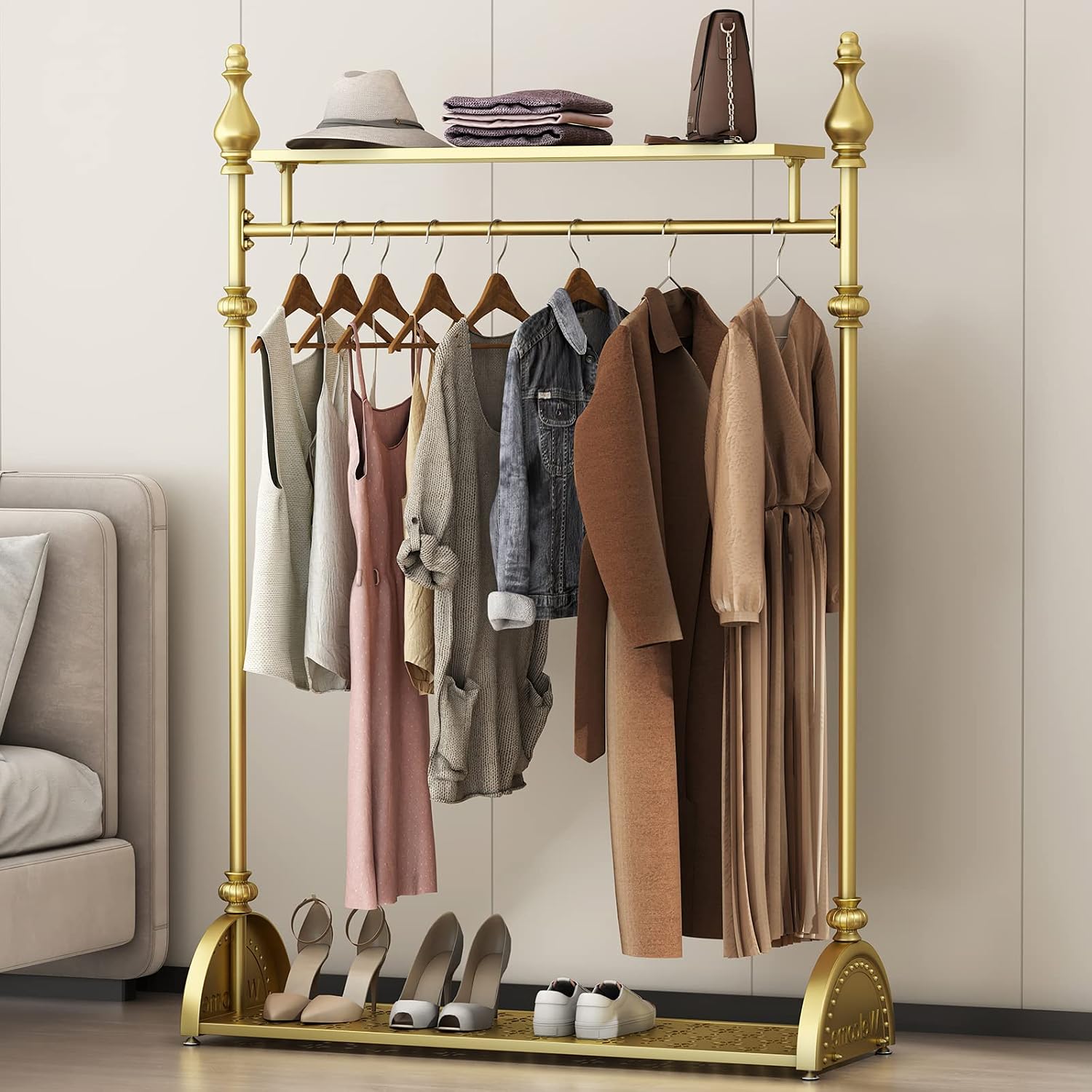 Clothing Rack Gold, Freestanding Heavy-Duty Garment Rack with Double Storage Shelves, Mobile Metal Coat Rack & Shoe Organizer for Bedroom Entryway Closet