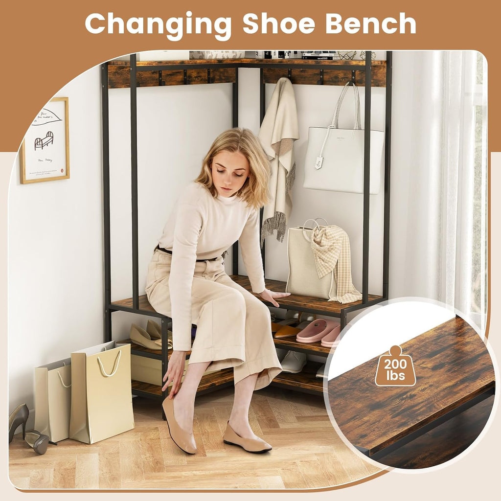 Giantex Corner Coat Rack with Shoe Bench, L-Shaped Garment Rack with 5 Shelves & 7 Hooks, Heavy Duty Freestanding Clothes Rack Entryway Bench with Shoes Organizer for Hallway (Rustic Brown & Black)